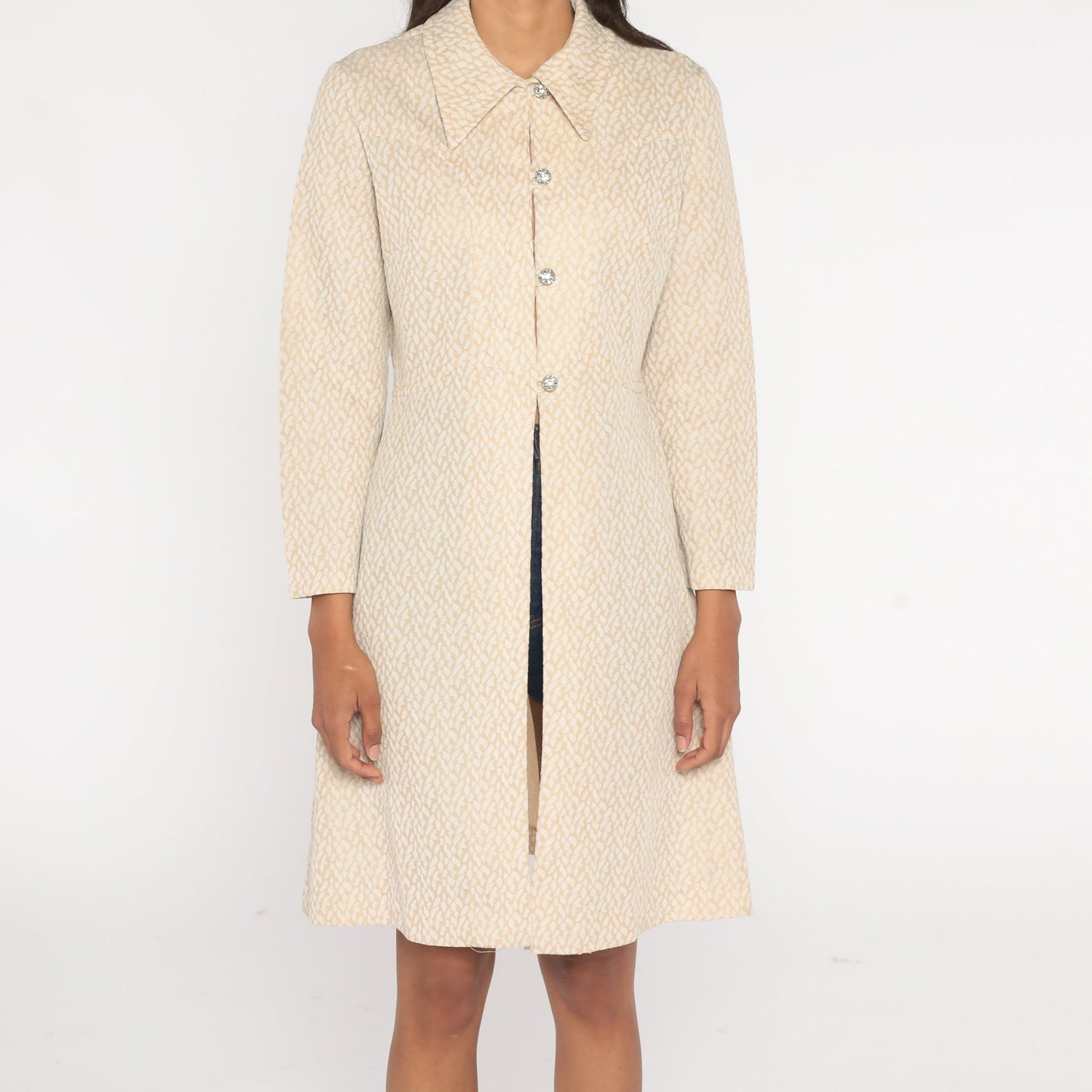 1970s Abstract Leaf Print Jacket Beige Rhinestone Button Long Medium