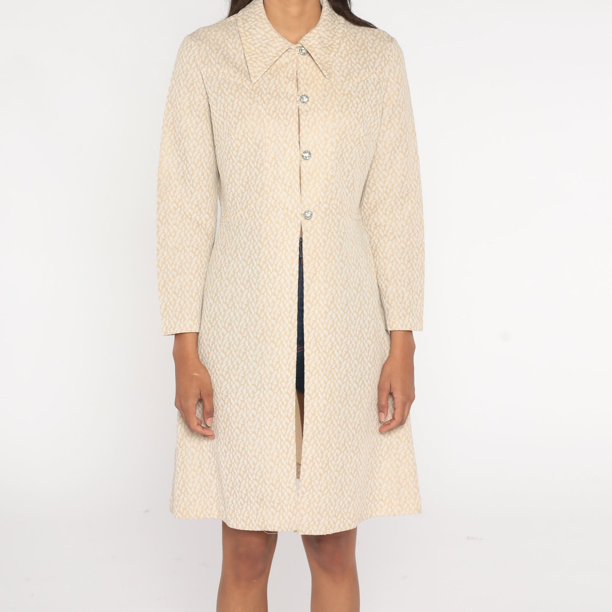 1970s Abstract Leaf Print Jacket Beige Rhinestone Button Long Medium