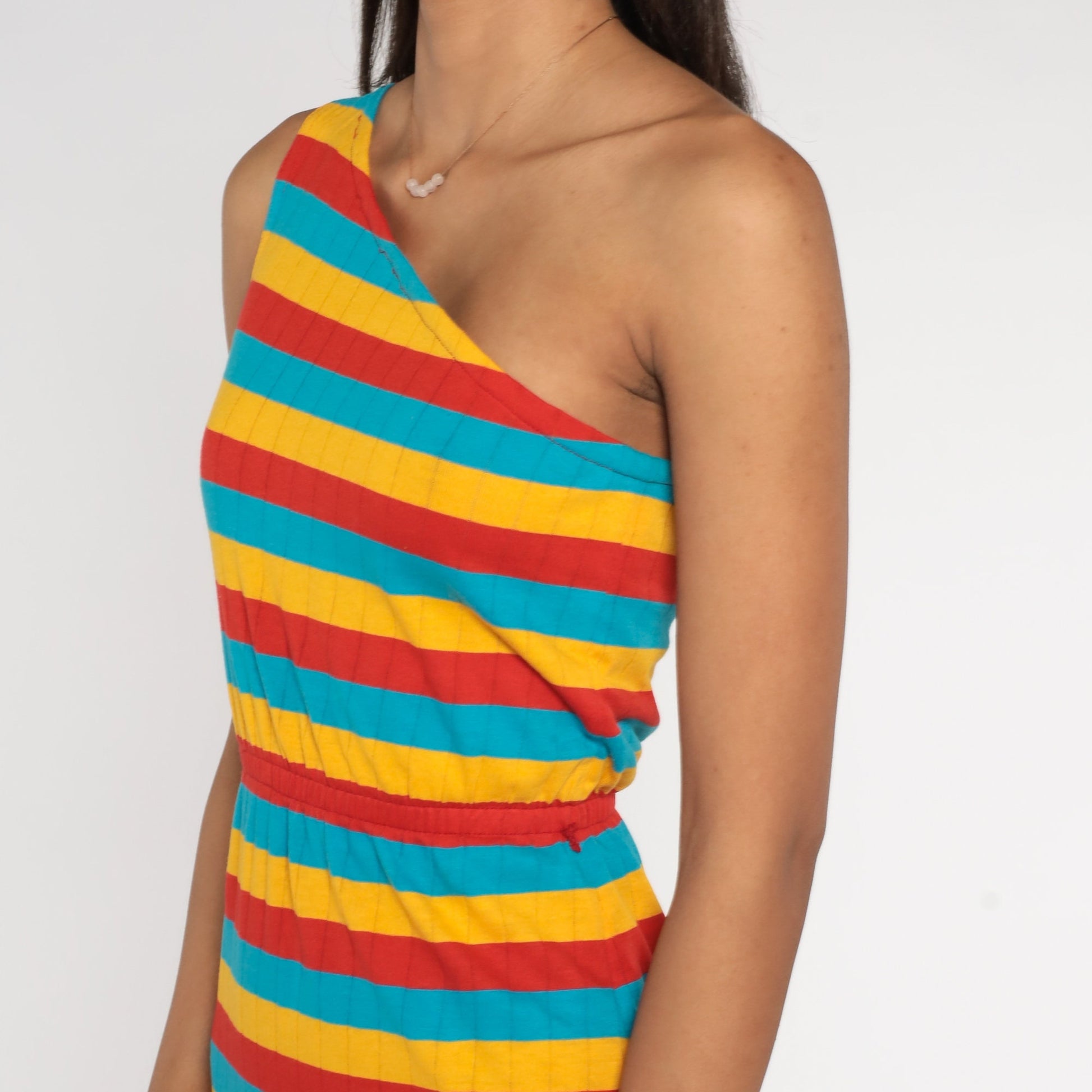 70s One-Shoulder Striped Mini Dress Bright Summer Sundress Extra Small