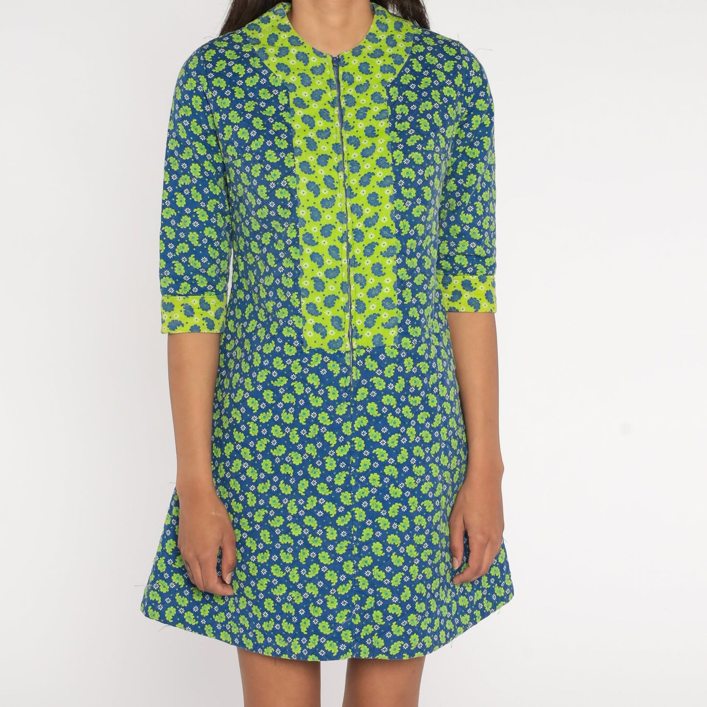 60s Paisley Quilted Mini Dress Blue Lime Green Shift Front Zipper Small