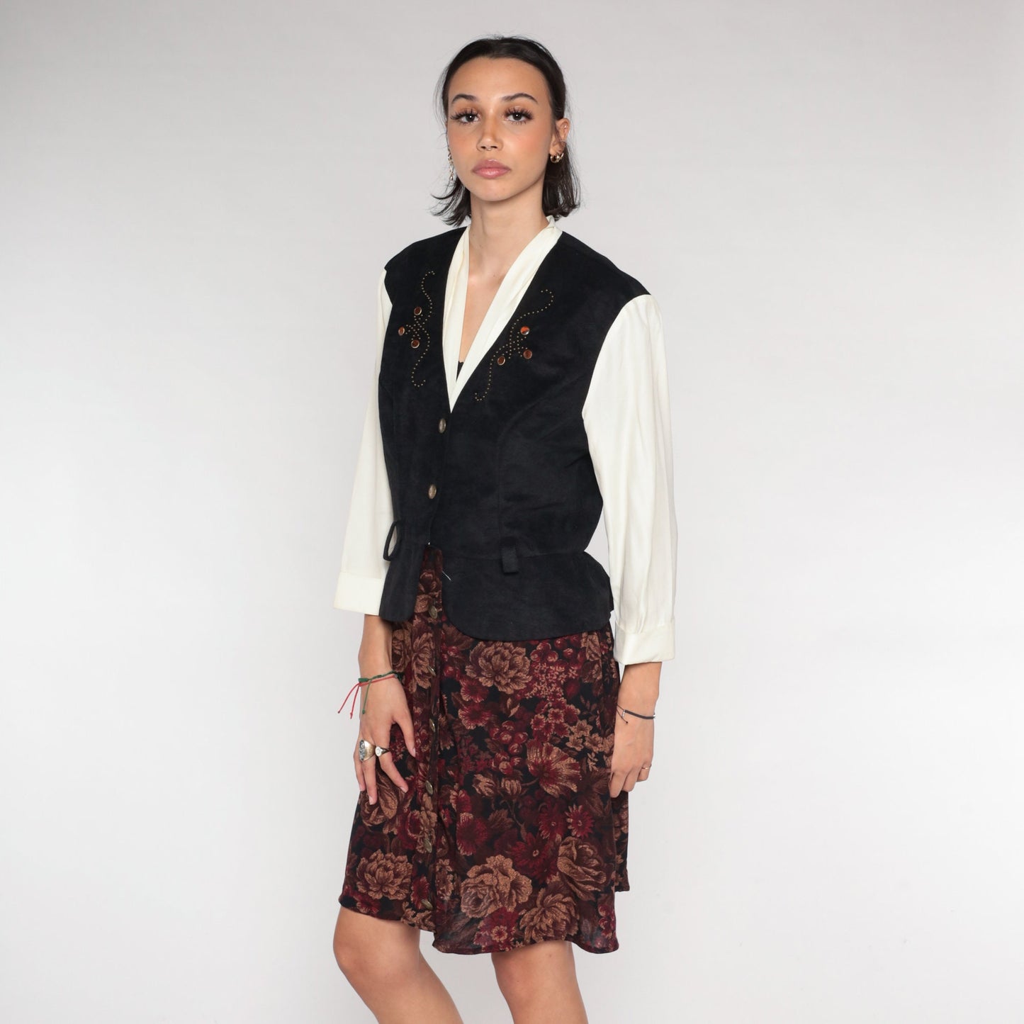 90s Layered Vest Dress White Floral Mini Button-Up Black Long Sleeve Medium