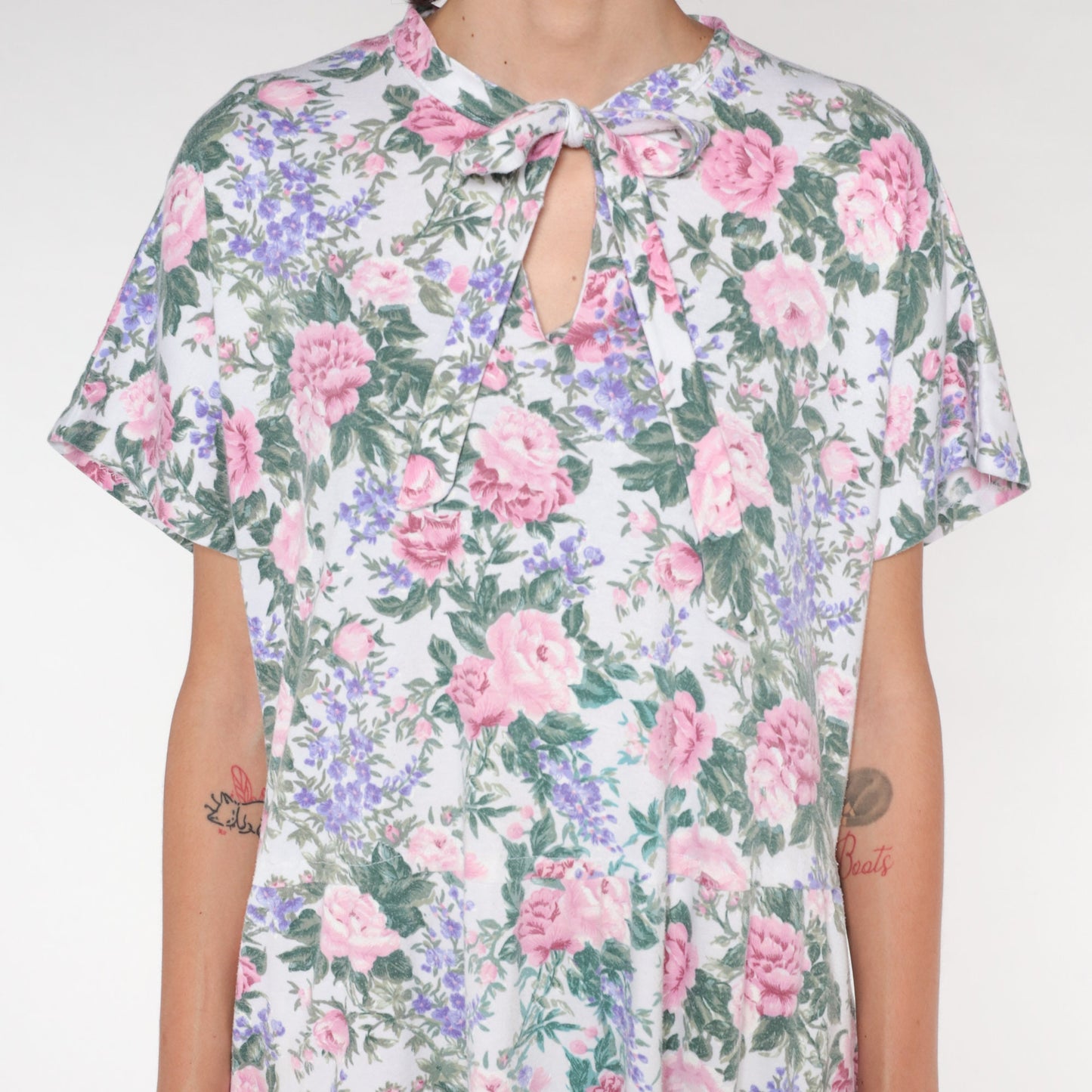 90s Floral Keyhole Tie Midi Dress White Rose Print Short Sleeve Large L