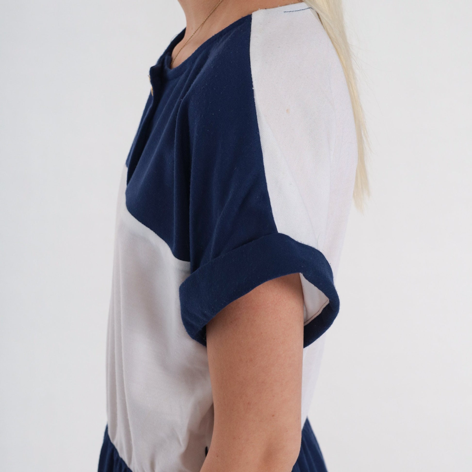 80s Nautical Anchor Button Midi Dress Navy White Color Block Medium Large