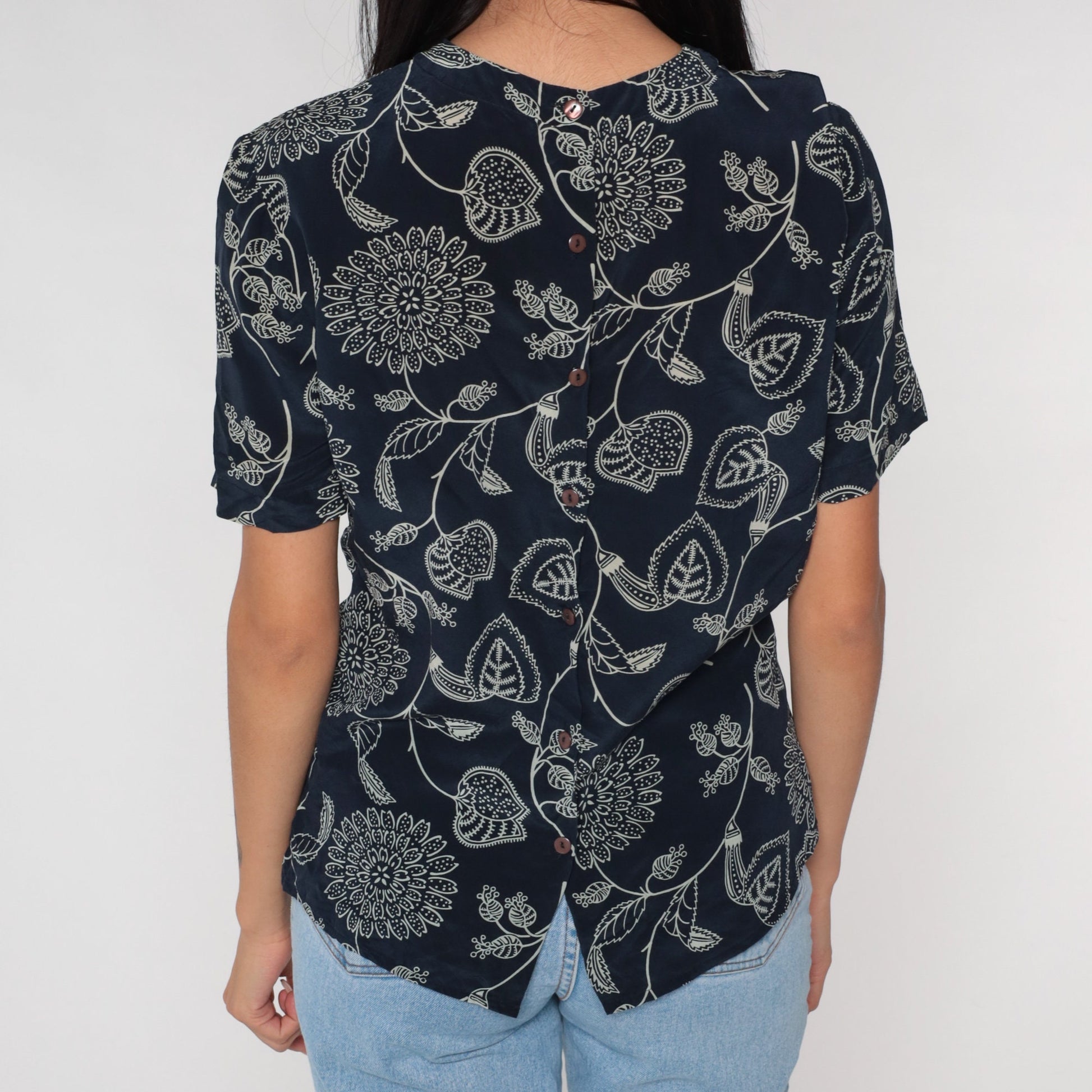 Y2K Navy Silk Blouse Floral Print Short Sleeve Button Back Small