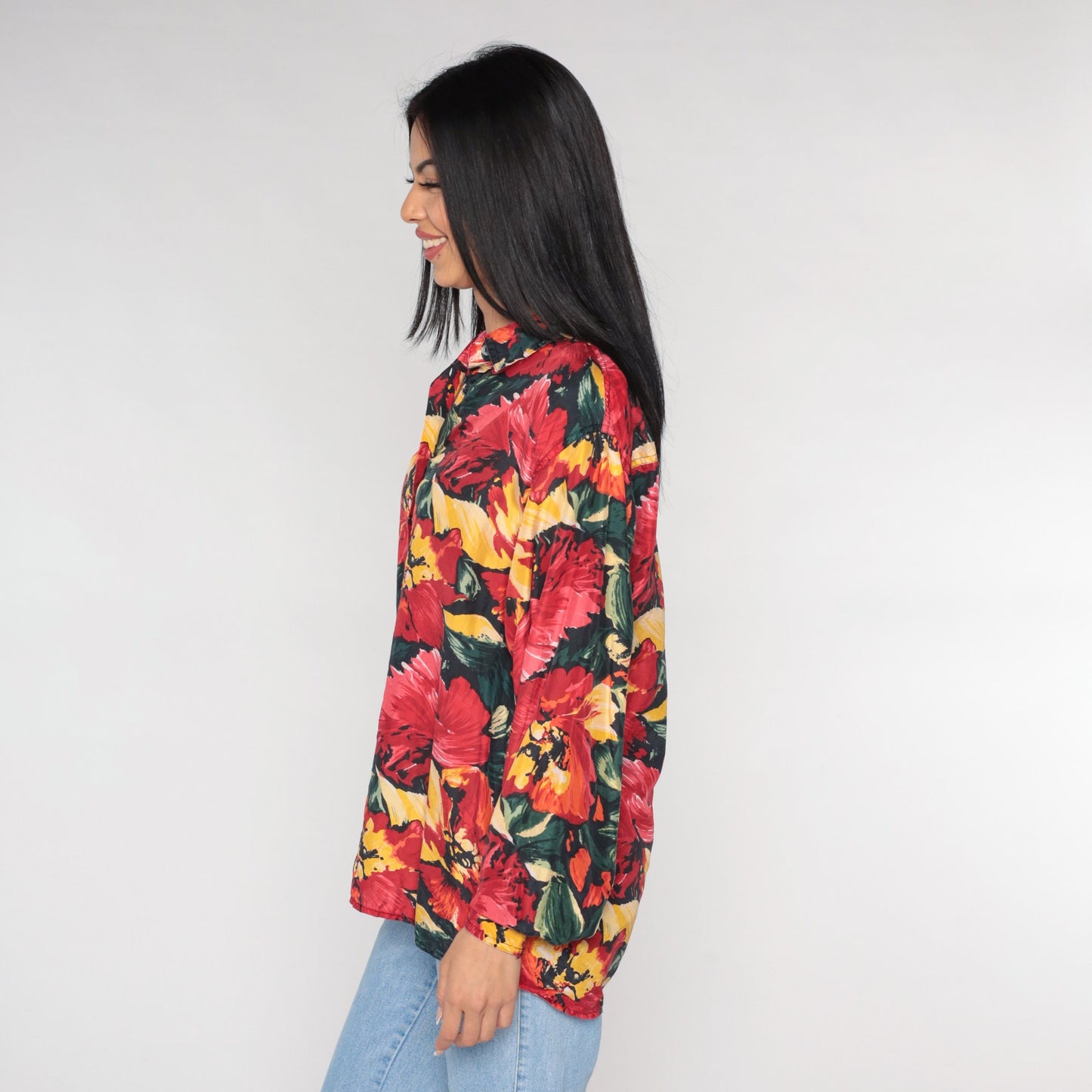 90s Silk Floral Button-Up Blouse Long Sleeve Poppy Print Red Medium M