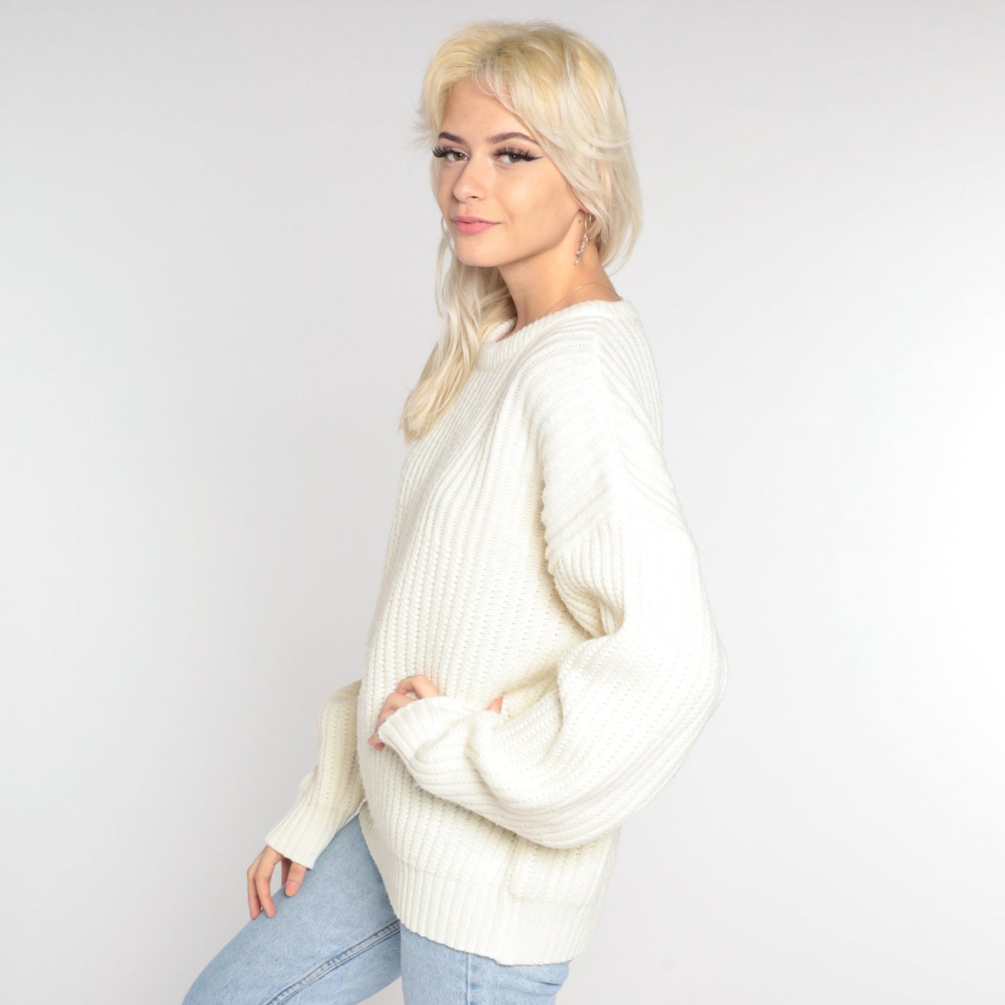 90s High Sierra Off-White Ribbed Knit Crewneck Pullover Sweater Large L