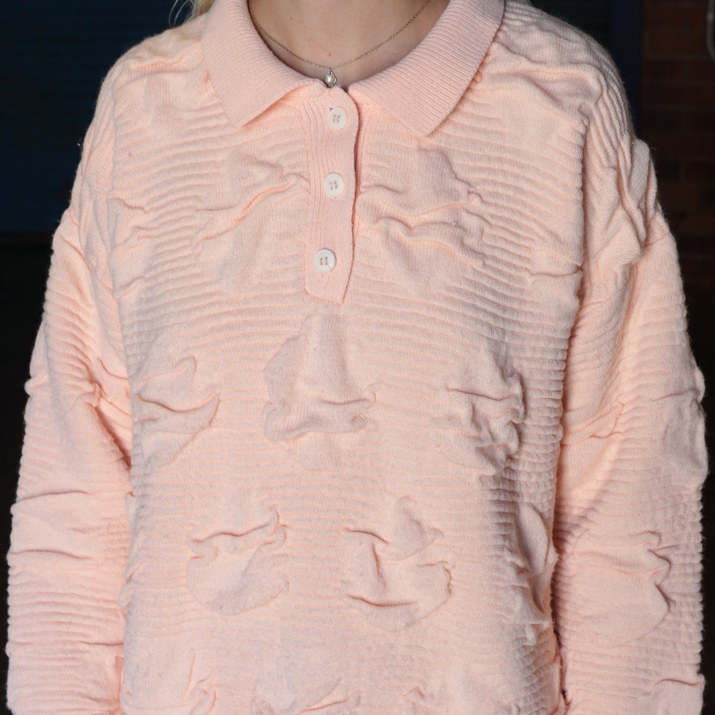 80s Peach Textured Knit Polo Sweater Collared Button-Up Medium