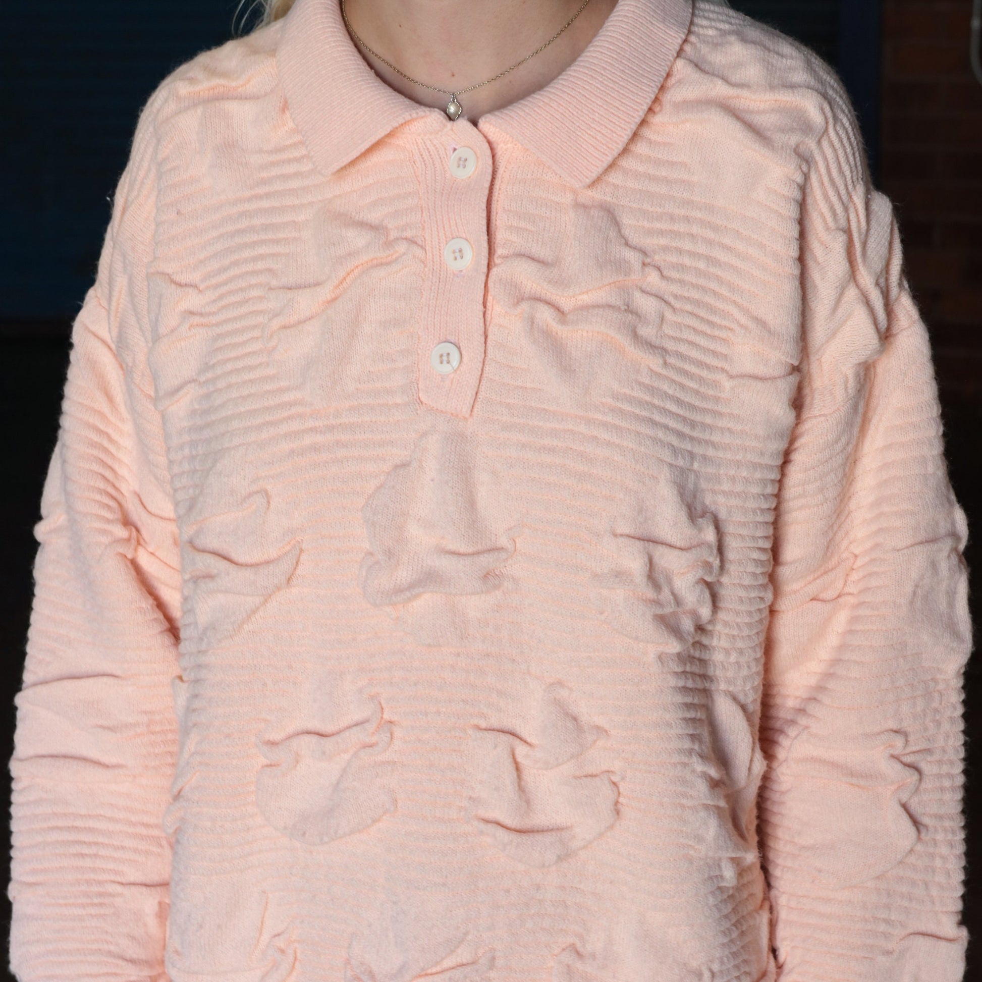 80s Peach Textured Knit Polo Sweater Collared Button-Up Medium