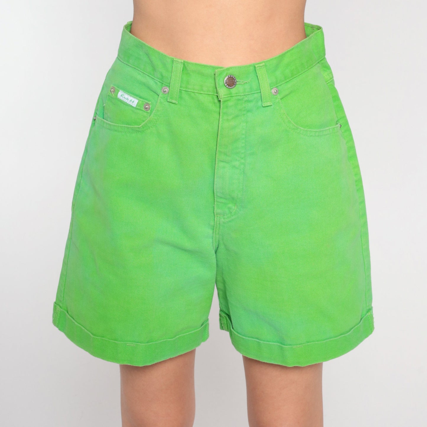 Y2K Lime Green High-Waisted Denim Shorts Route 66 Cotton Small