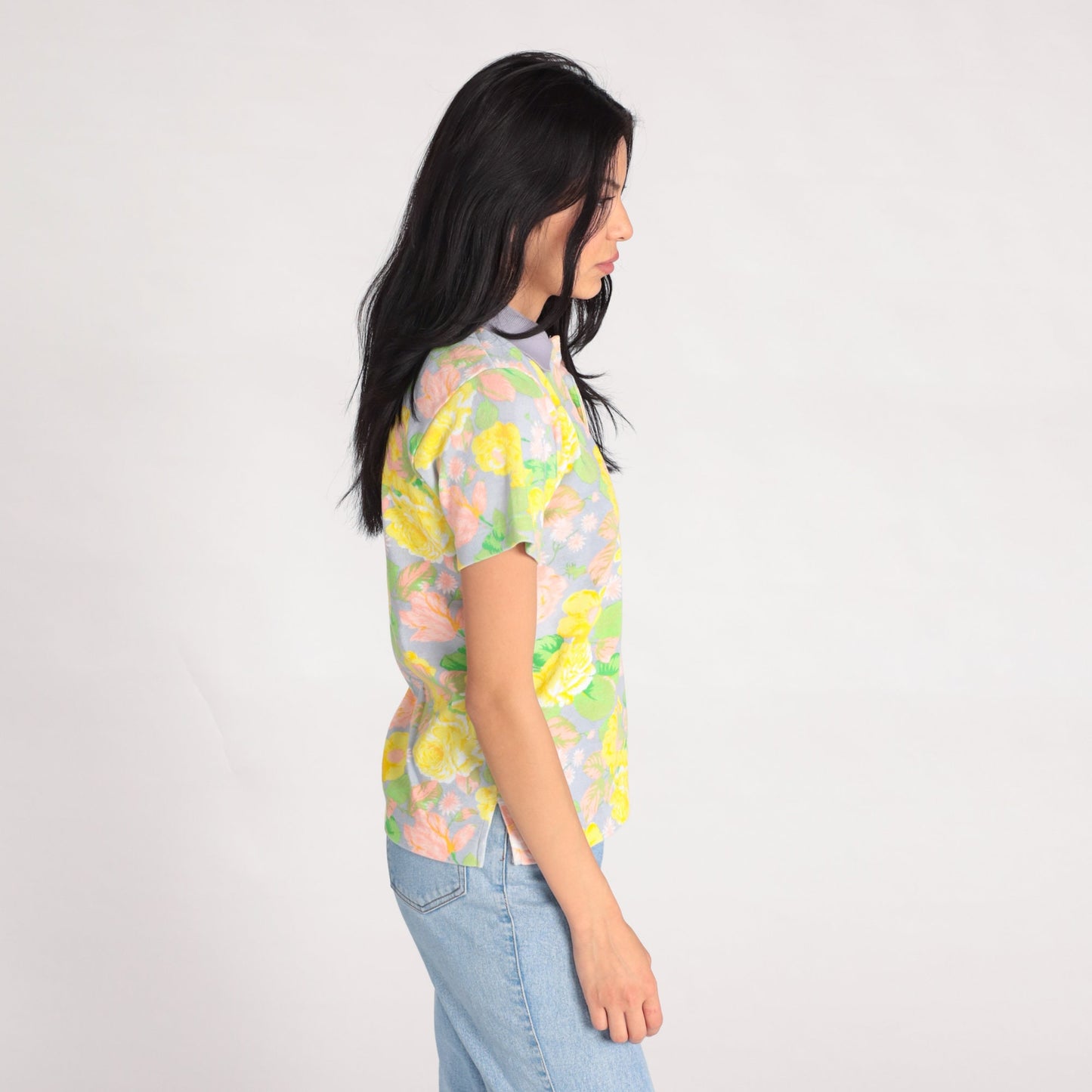90s Floral Polo Shirt Yellow Flower Print Cotton Collared Small