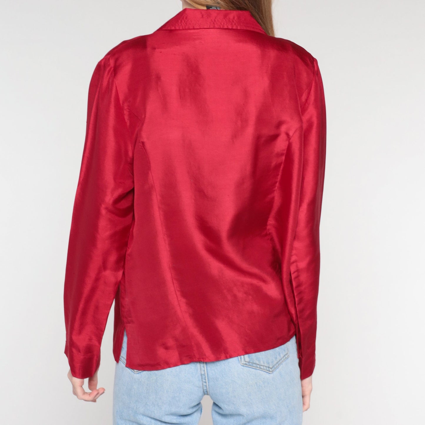 00s Red Silk Button-Up Blouse Long Sleeve Shirt Extra Large XL