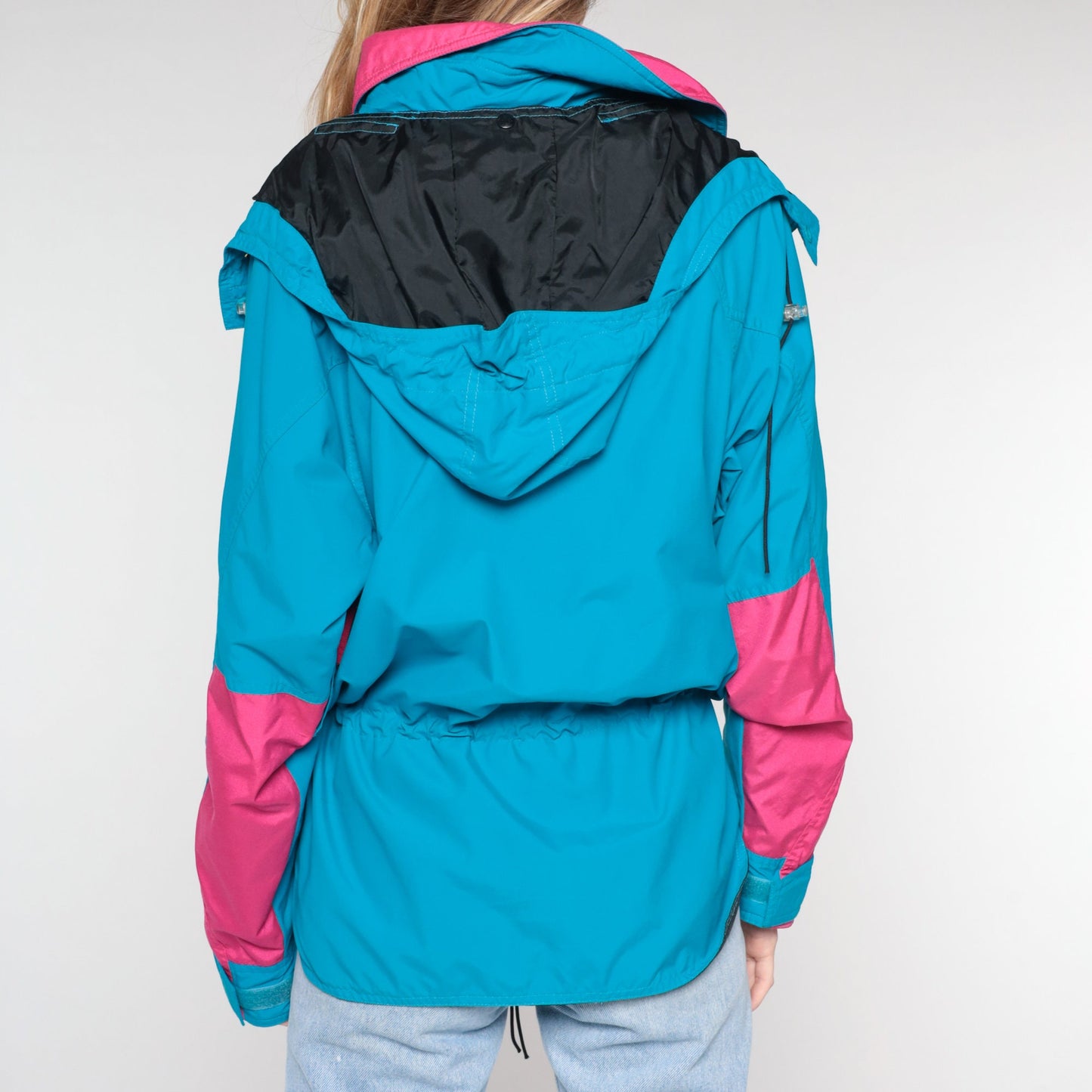 80s Blue Pink Hooded Ski Jacket Pullover Windbreaker Nylon Medium M