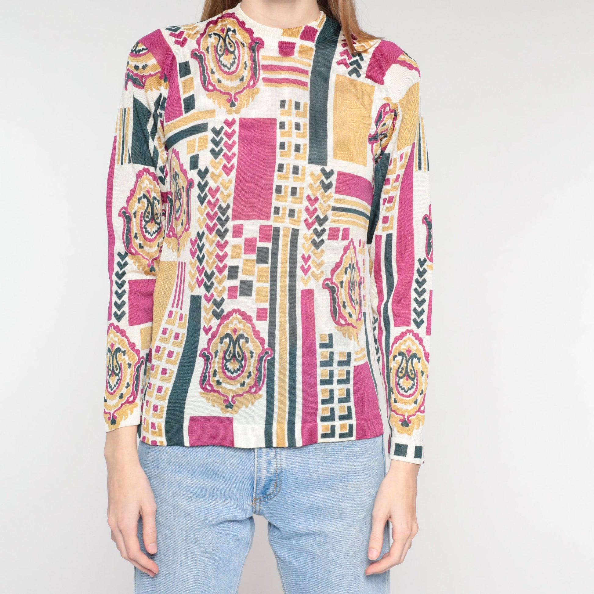 70s Abstract Geometric Paisley Knit Top Mock Neck Long Sleeve Small