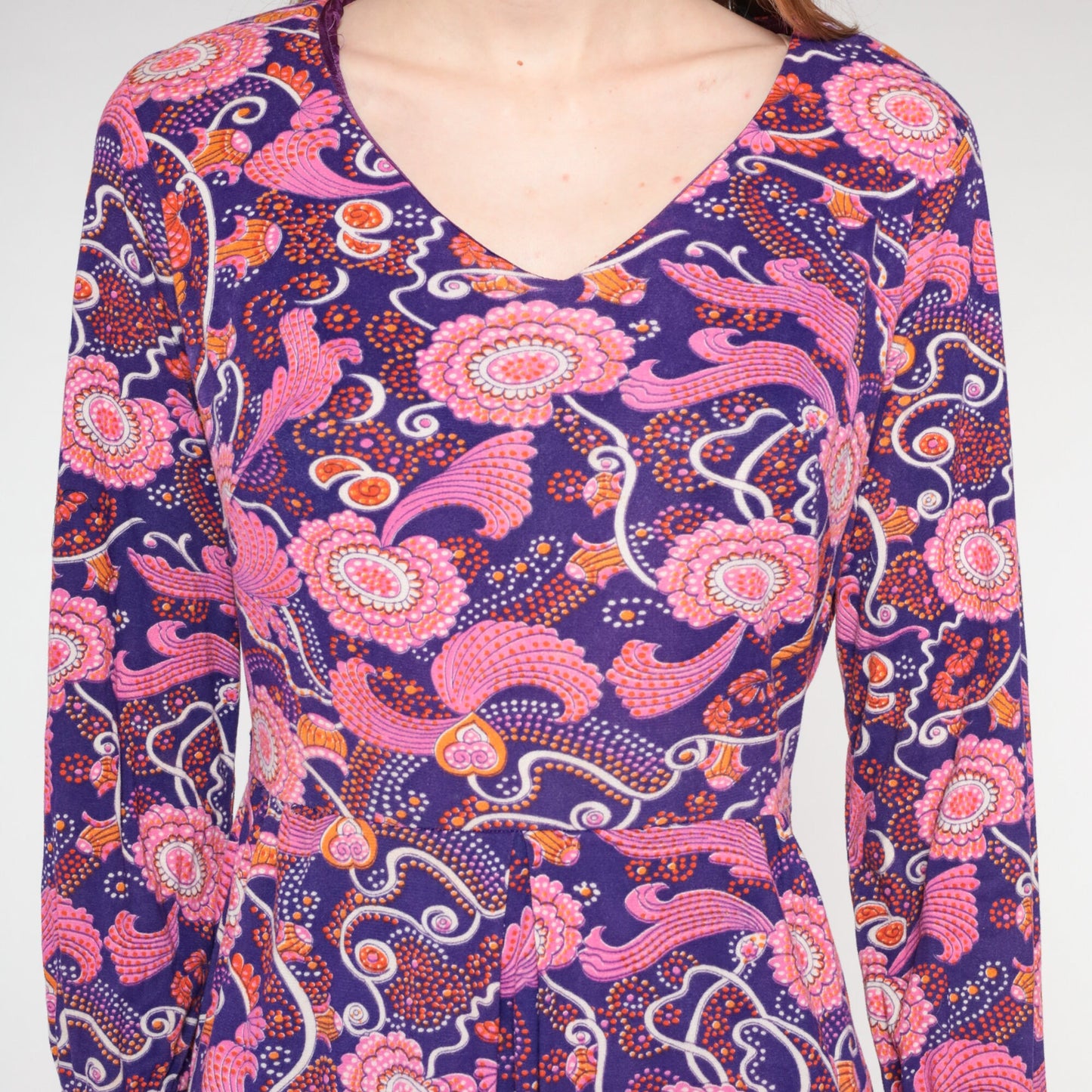 70s Purple Pink Floral Mini Dress Long Sleeve V-Neck Small S