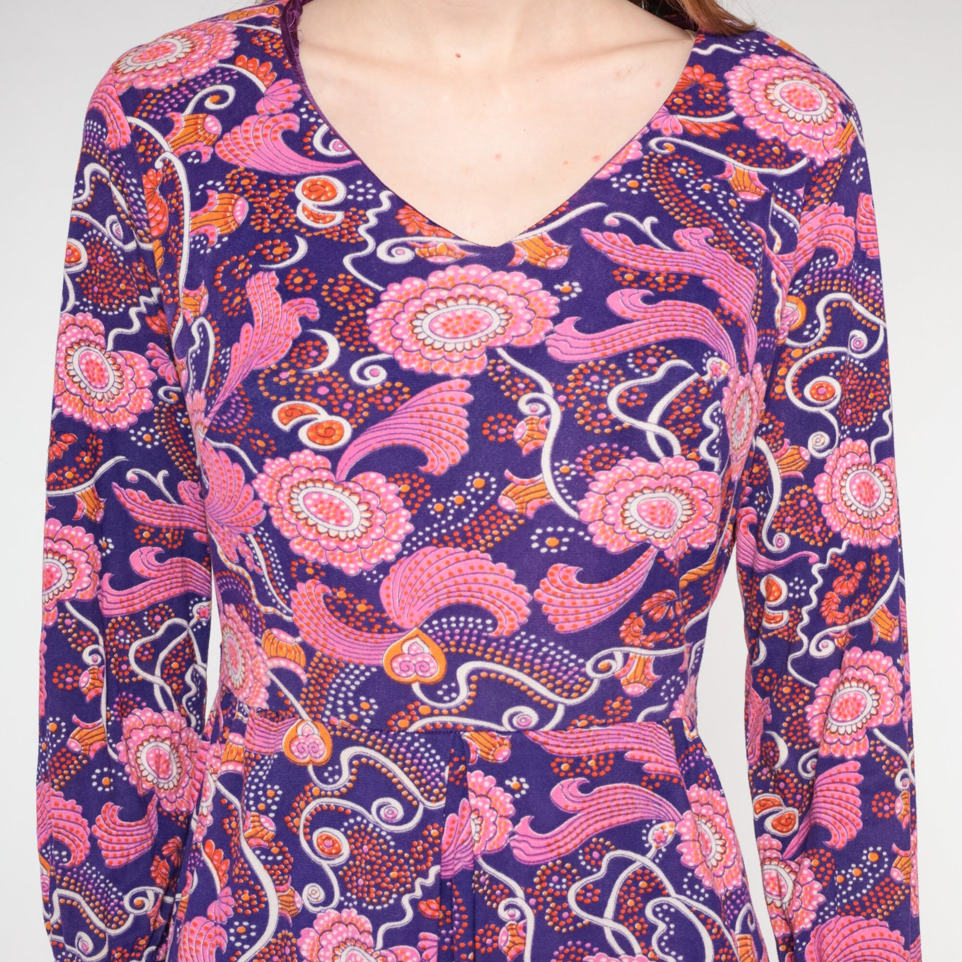 70s Purple Pink Floral Mini Dress Long Sleeve V-Neck Small S