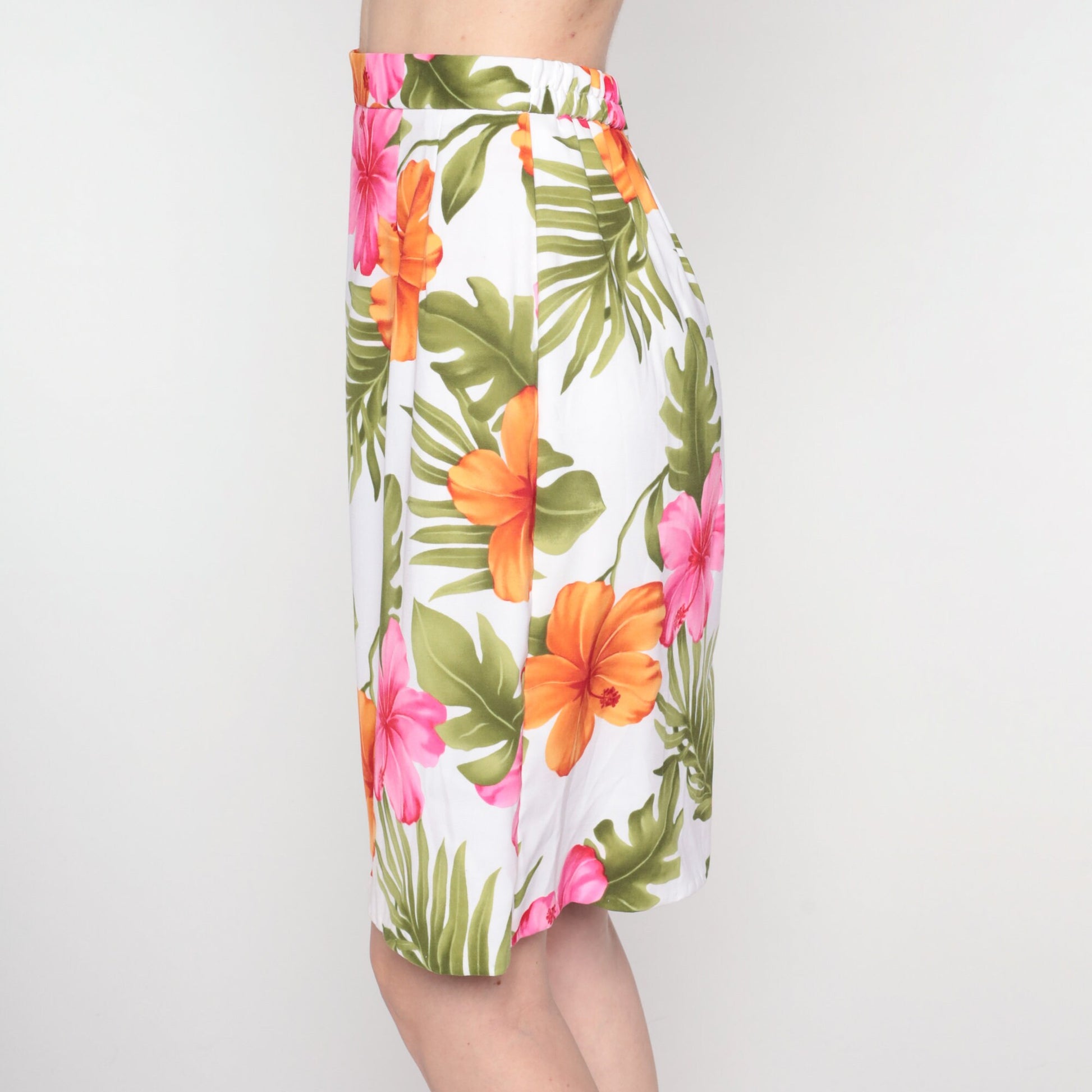 90s Tropical Floral White Mini Pencil Skirt High Waisted Small 6