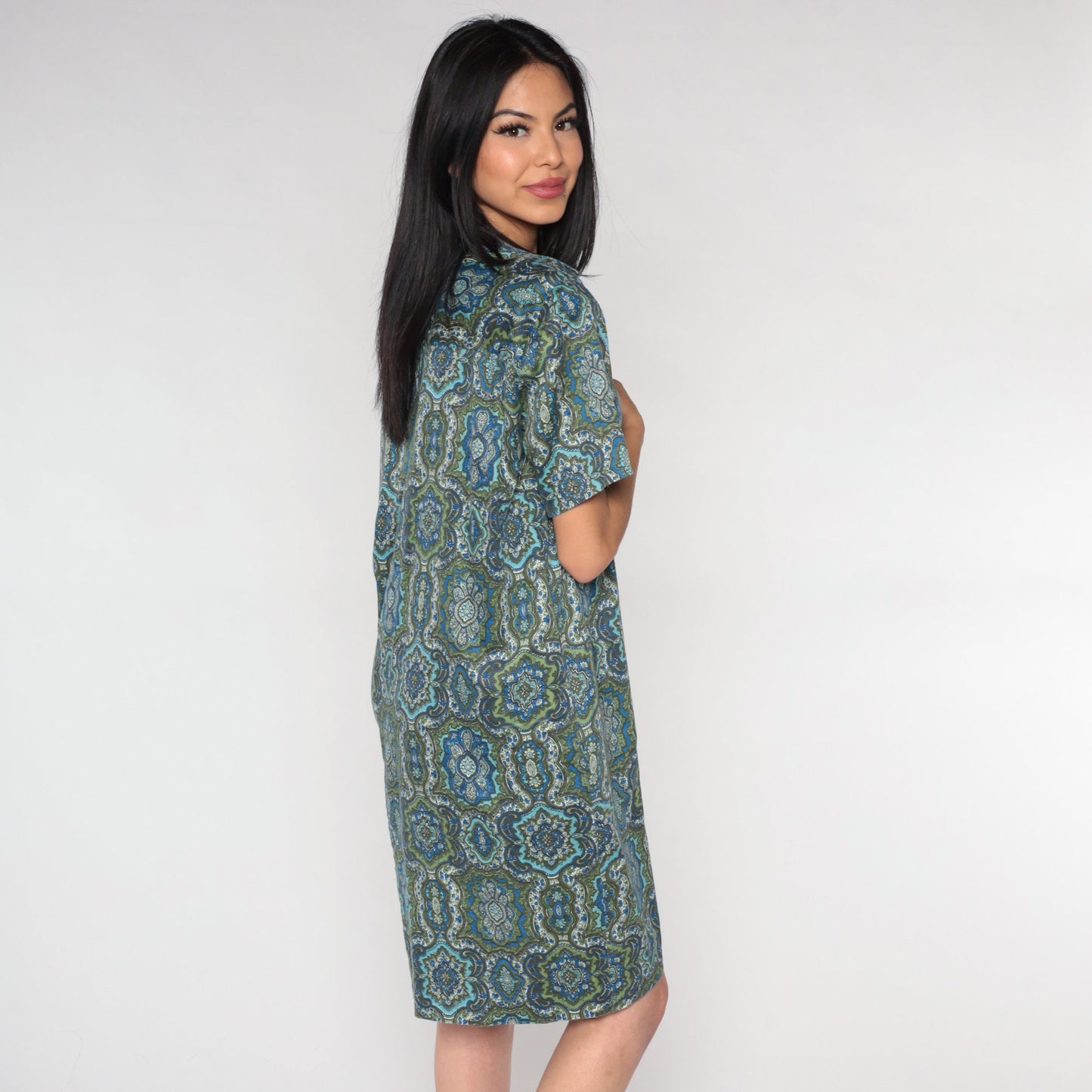 60s Geometric Floral Shirt Dress Mini Blue Green Double Breasted Large L