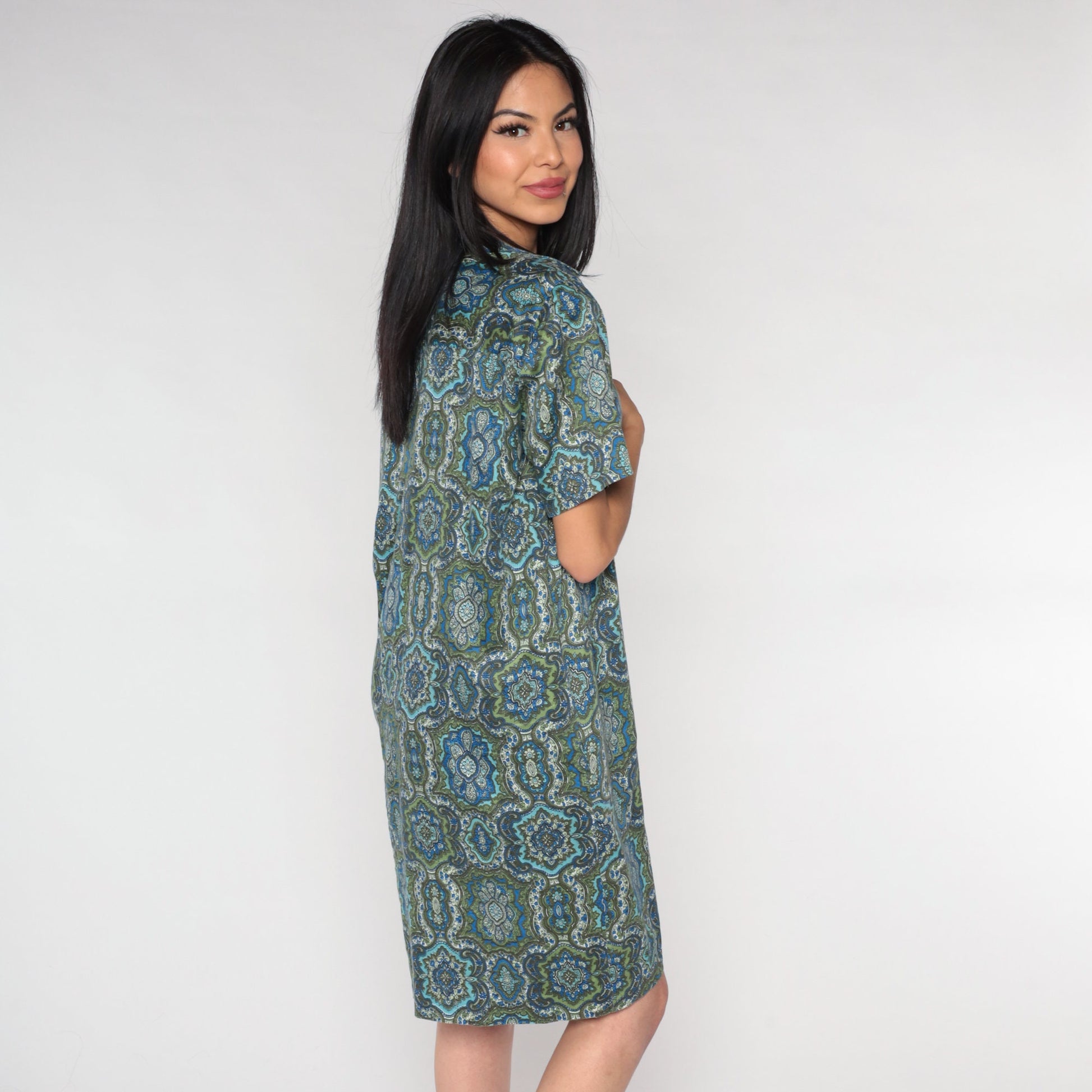 60s Geometric Floral Shirt Dress Mini Blue Green Double Breasted Large L