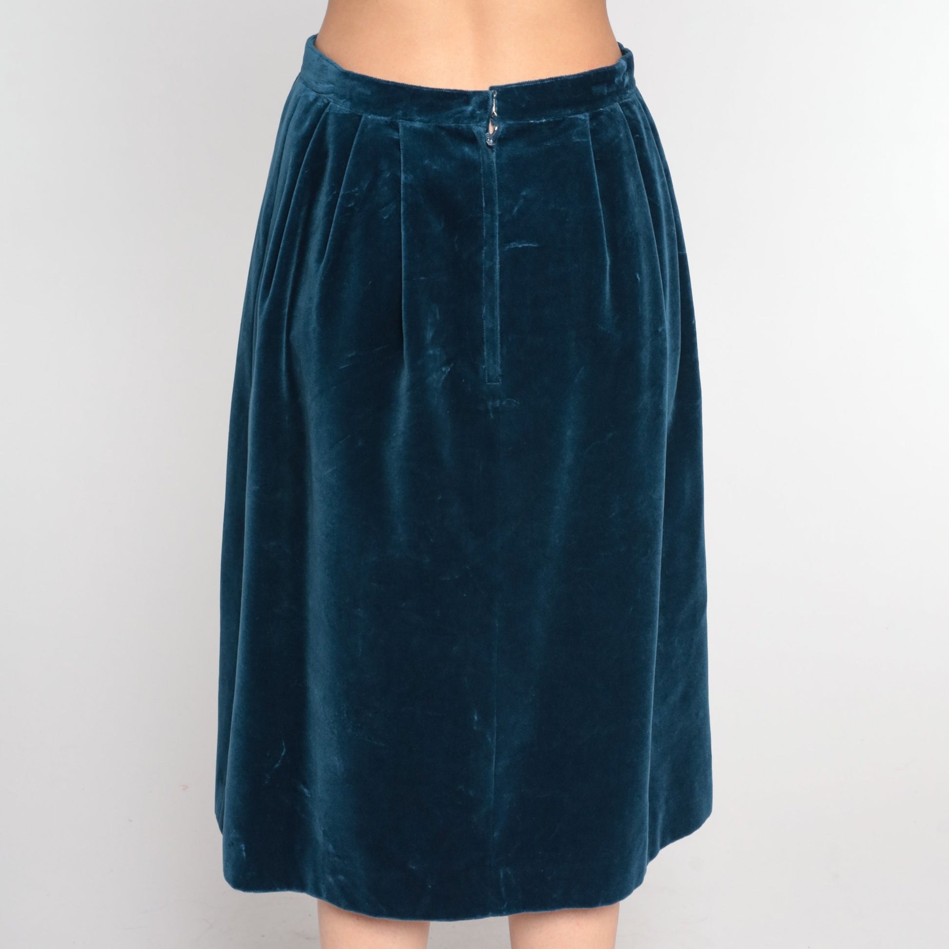 80s Dark Blue Velvet Midi Skirt High Waist Pleated Small