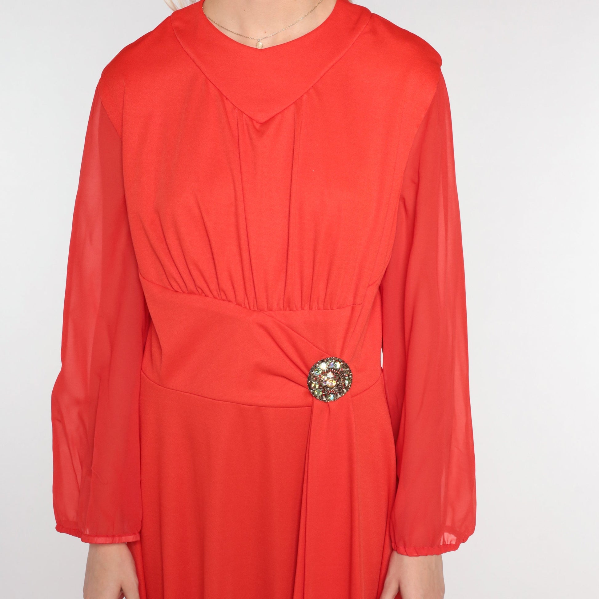 1970s Orange-Red Maxi Dress Rhinestone Sash High Waist Sheer Sleeve Medium