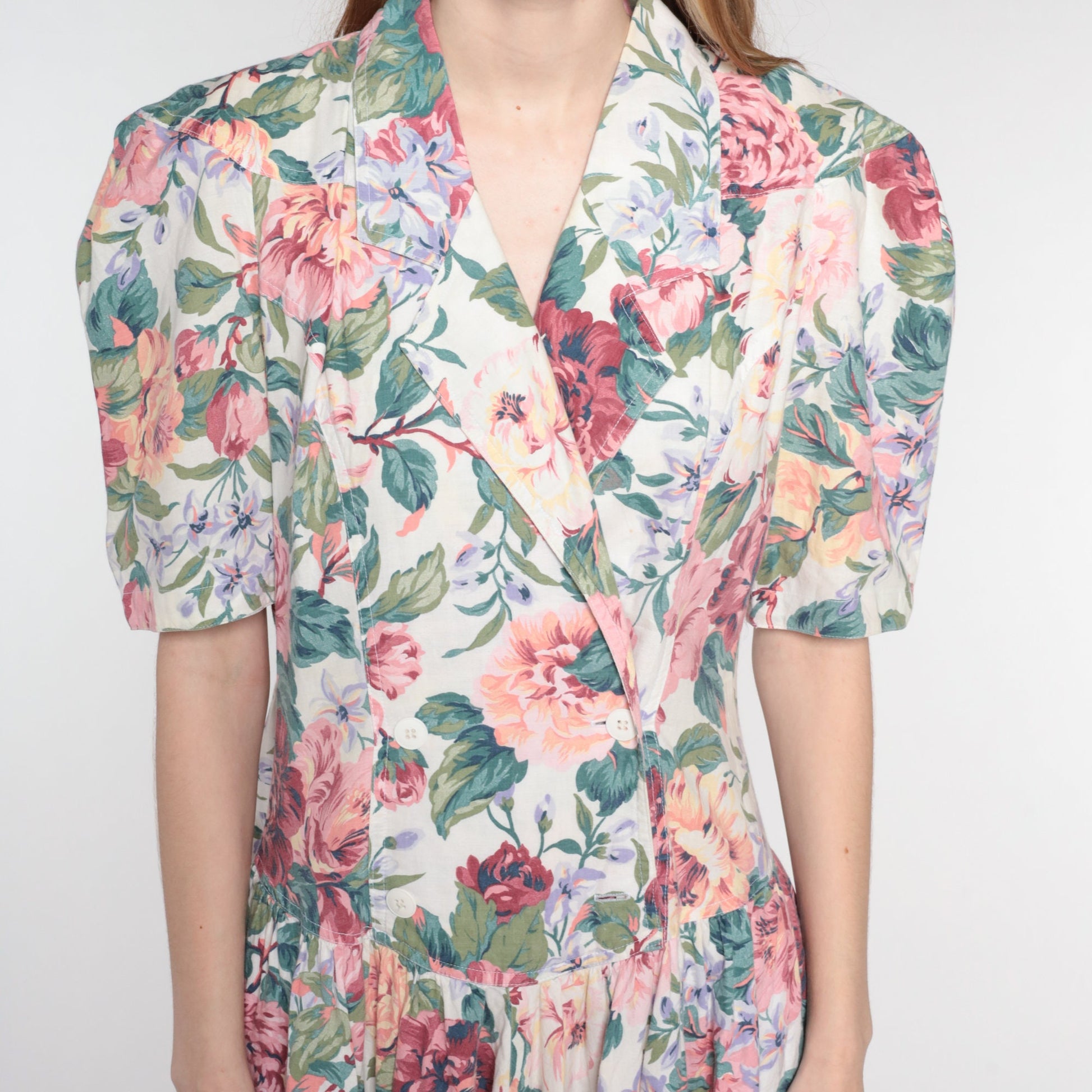 90s Floral Midi Dress Double Breasted Puff Sleeve Basque Waist Cotton Medium