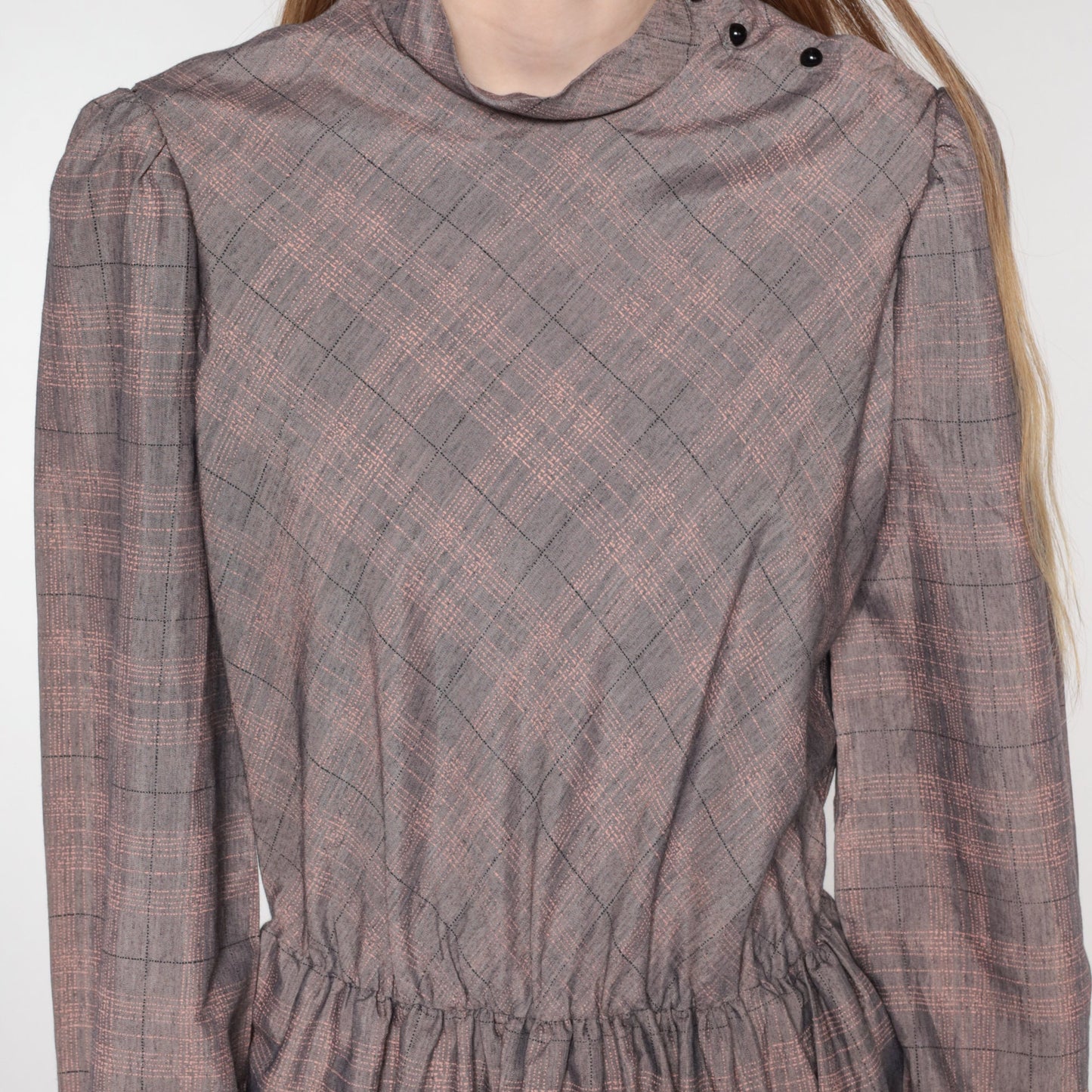 80s Grey Plaid Midi Dress Mock Neck Long Sleeve High Waist Small Medium