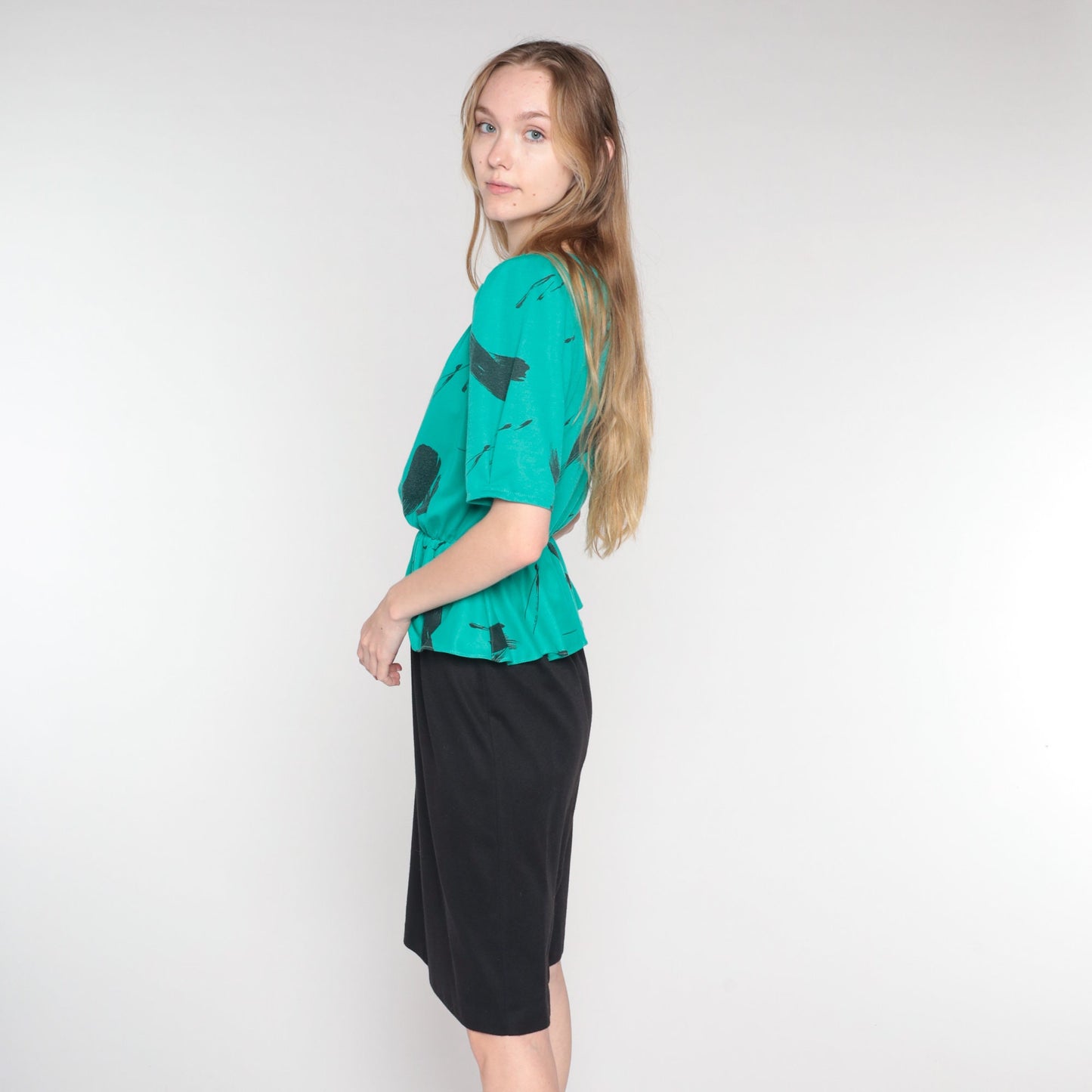 80s Peplum Midi Dress Black Green Brushstroke Print Puff Sleeve Small