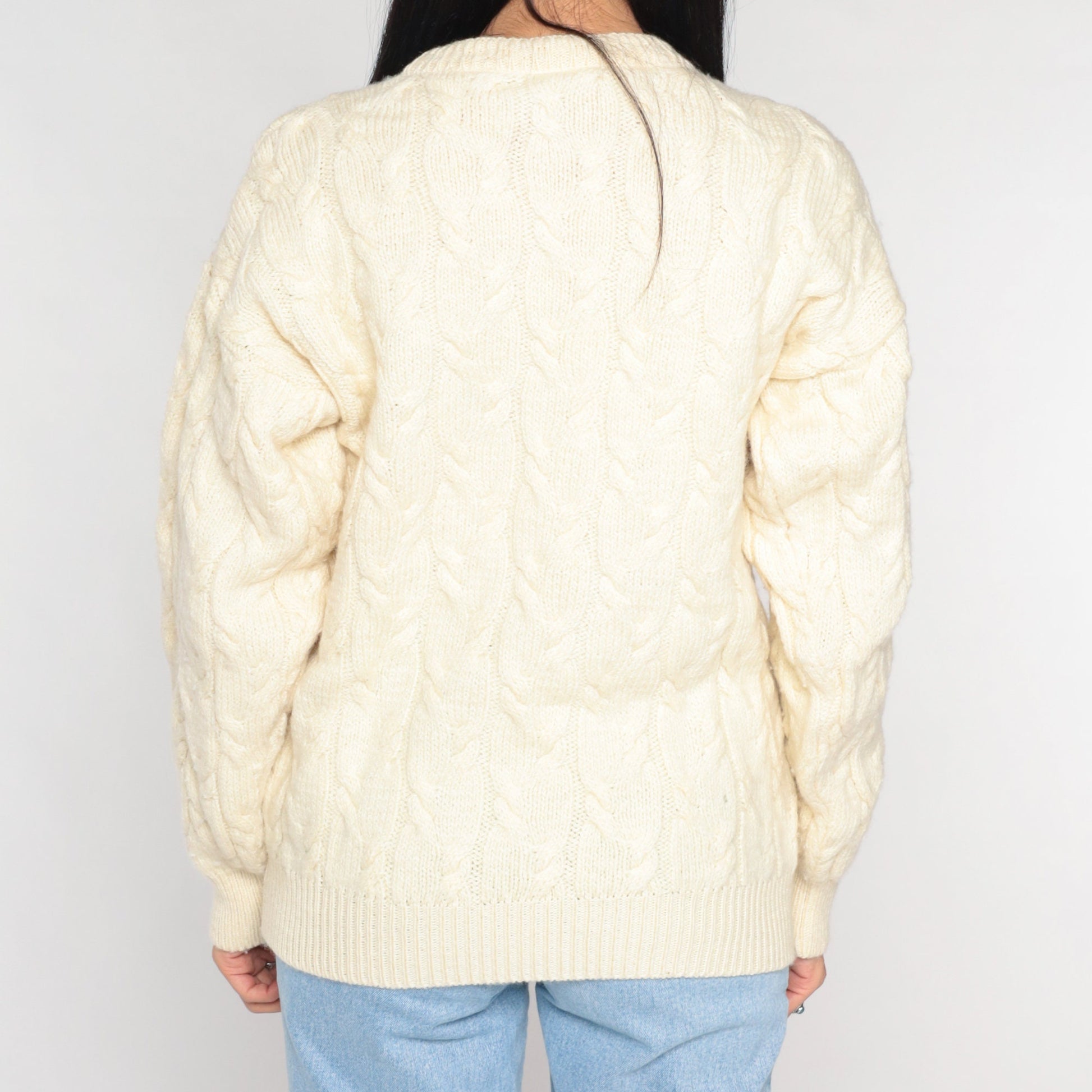 80s Australian Merino Wool Cable Knit Sweater Cream Crewneck Small