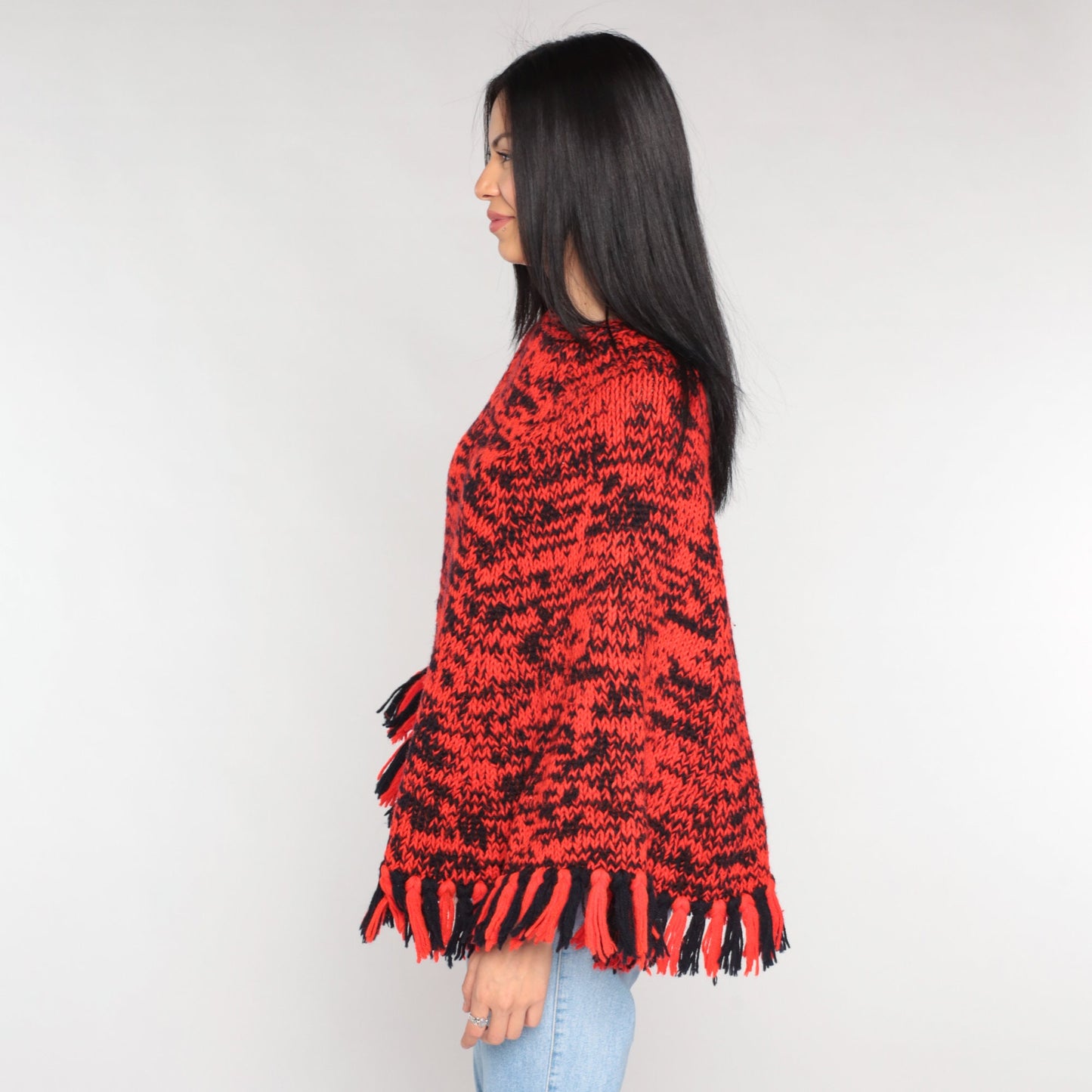 70s Red Black Space Dye Knit Poncho Fringe Shawl Cape