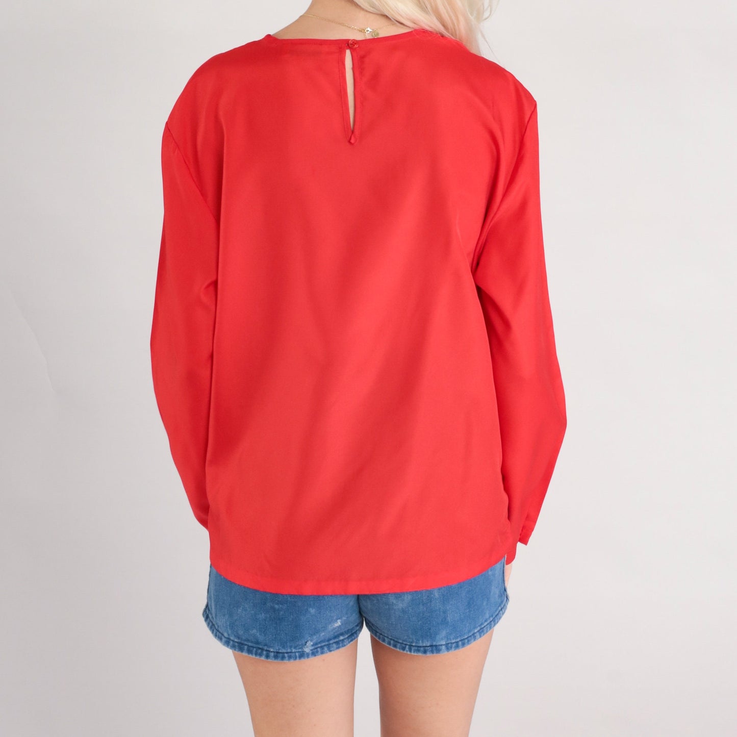 80s Red Pleated Long Sleeve Blouse Keyhole Button Back Medium