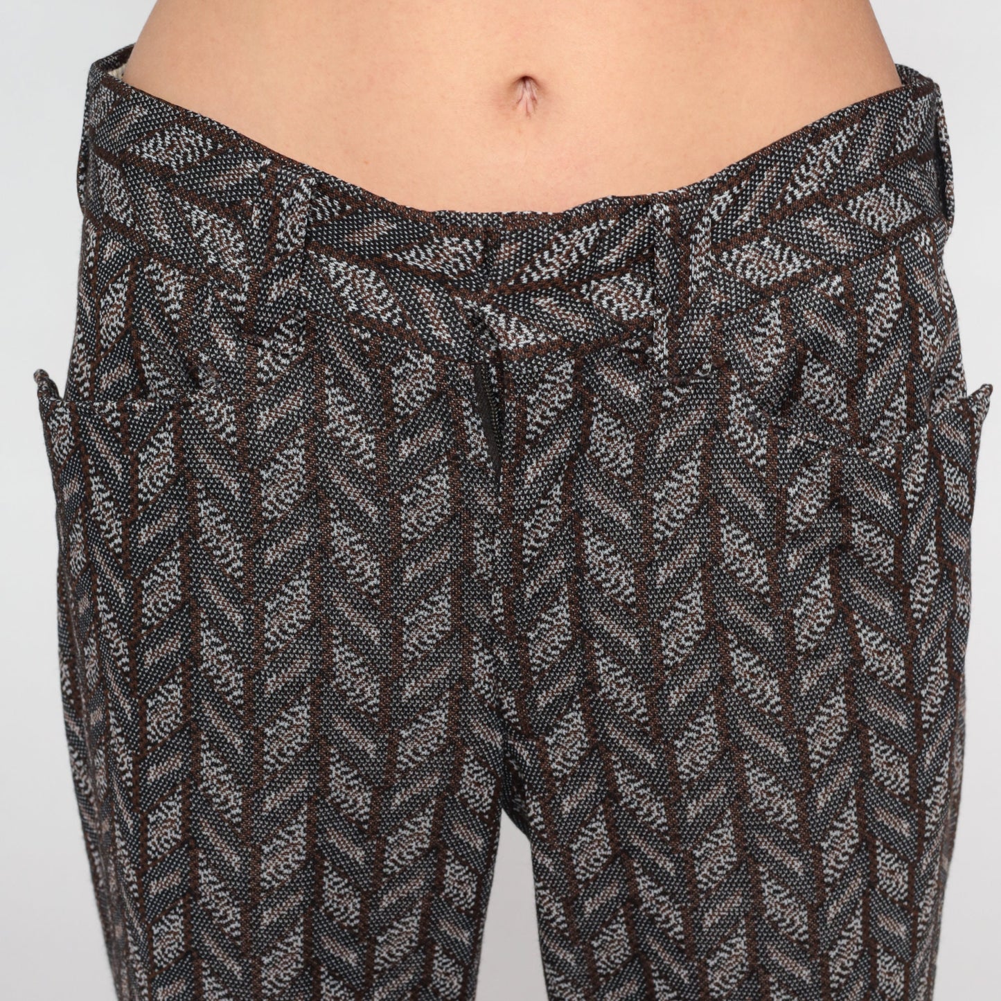 70s Chevron Flared Trousers High Waist Bell Bottoms Grey Medium
