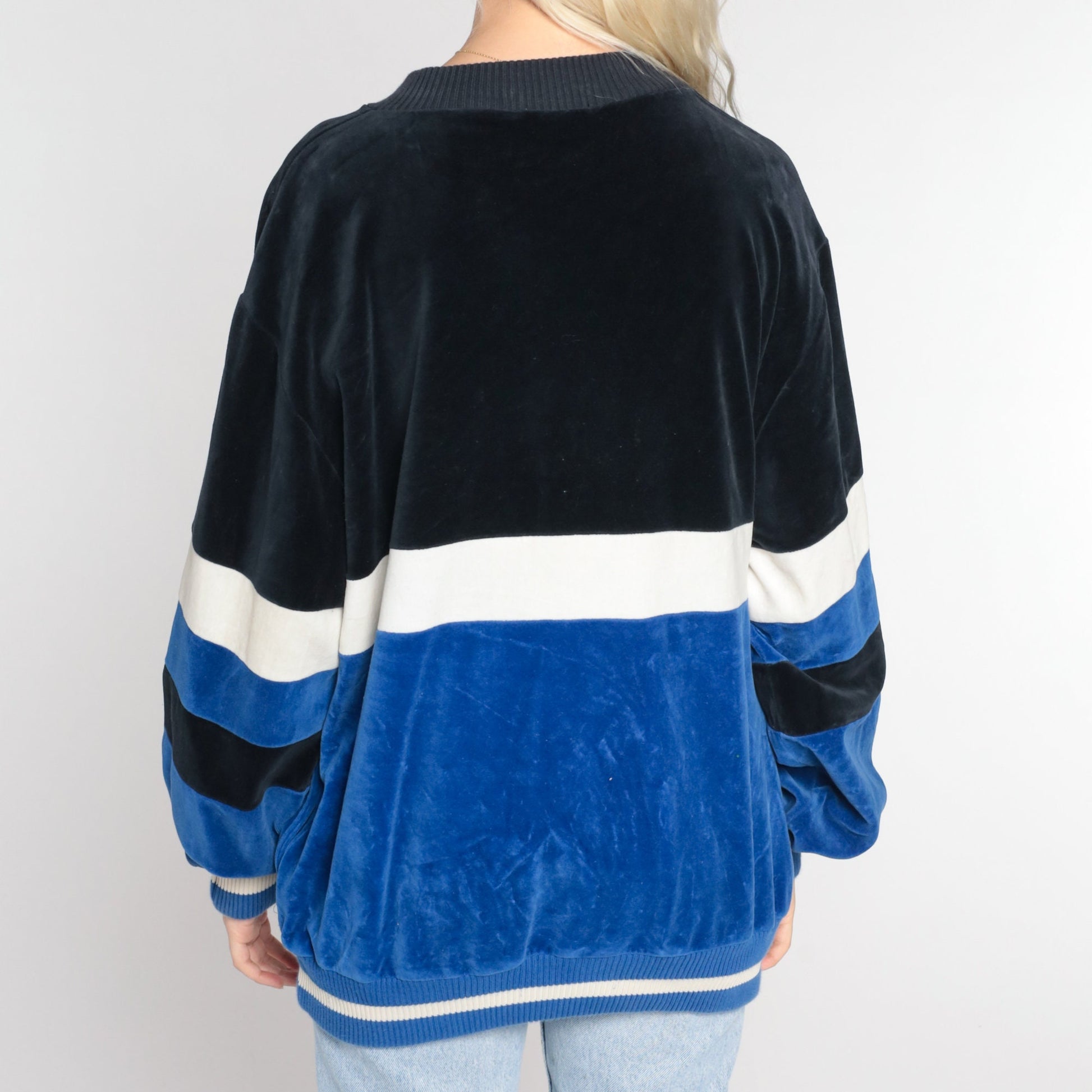 80s Velour Track Jacket Blue Black Color Block Zip Up Large