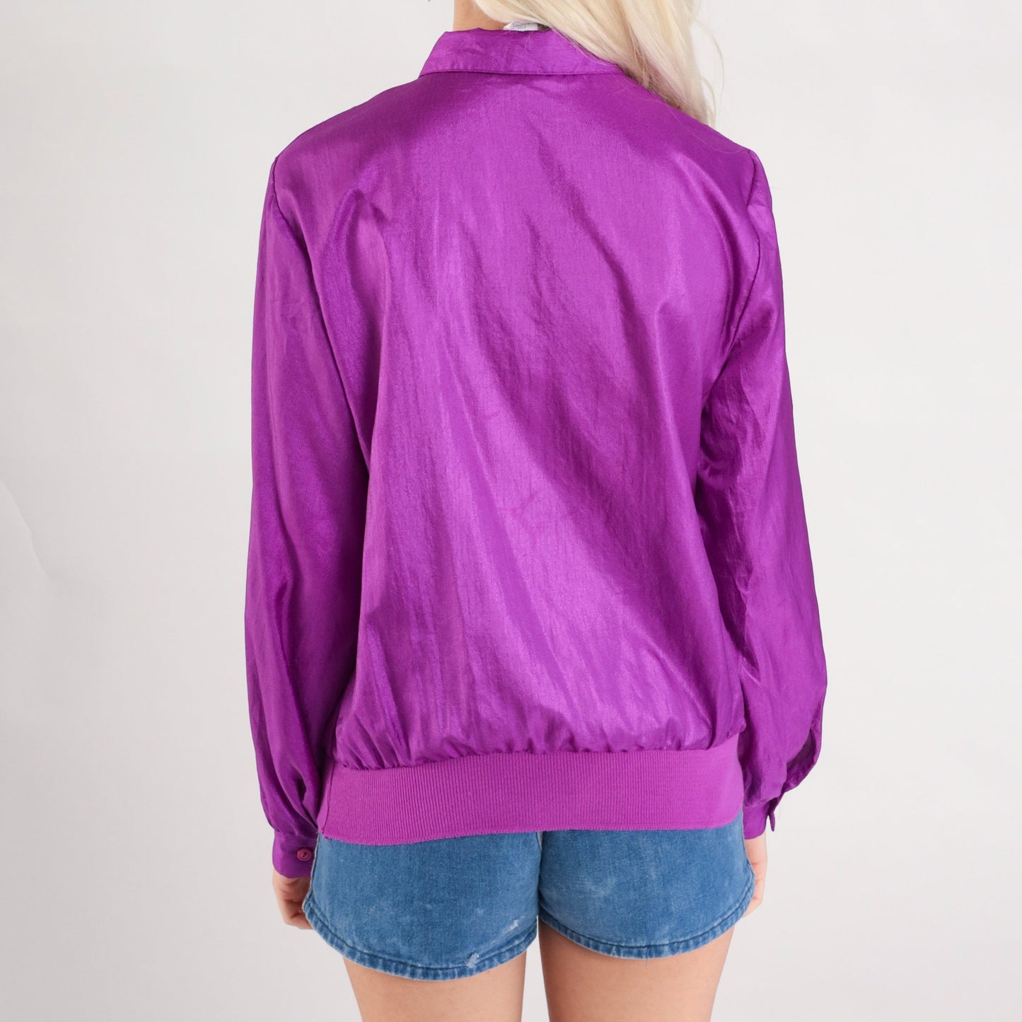 90s Purple Polyester Button-Up Shirt Banded Hem Long Sleeve Medium