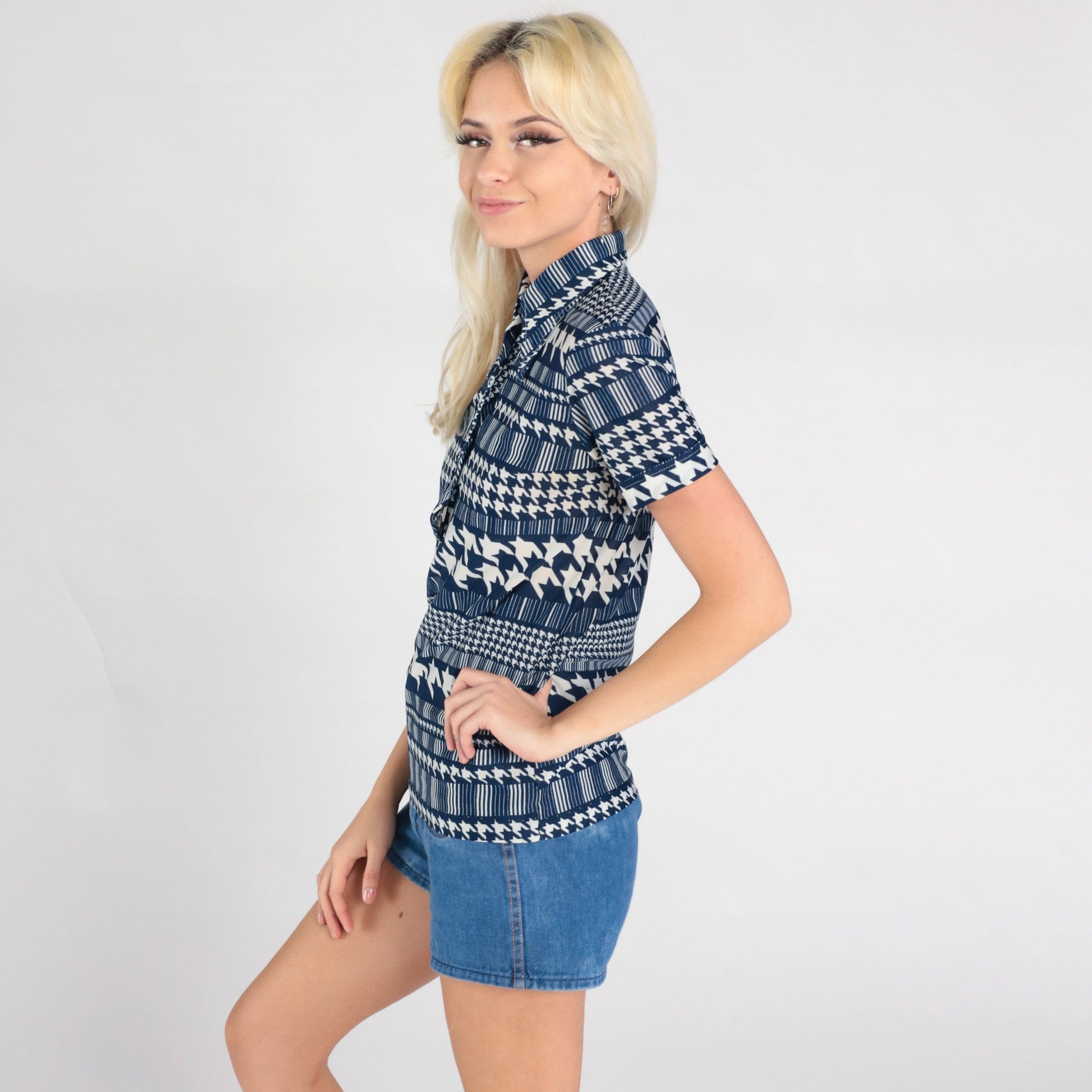 70s Checkered Polo Shirt Navy Houndstooth Dagger Collar Half Button Small
