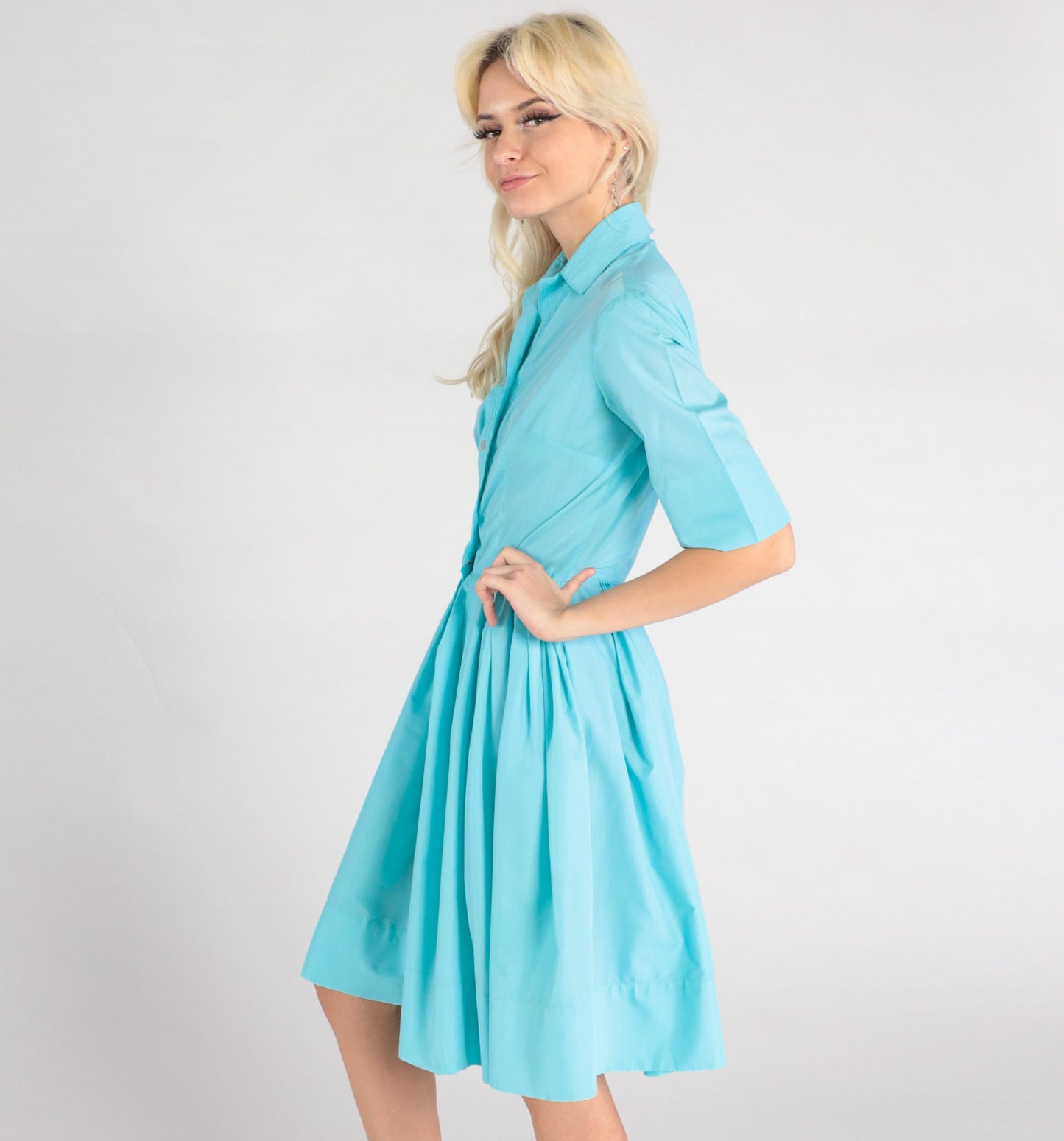 60s Robin's Egg Blue Cotton Midi Shirtdress Button-Up Pleated Small