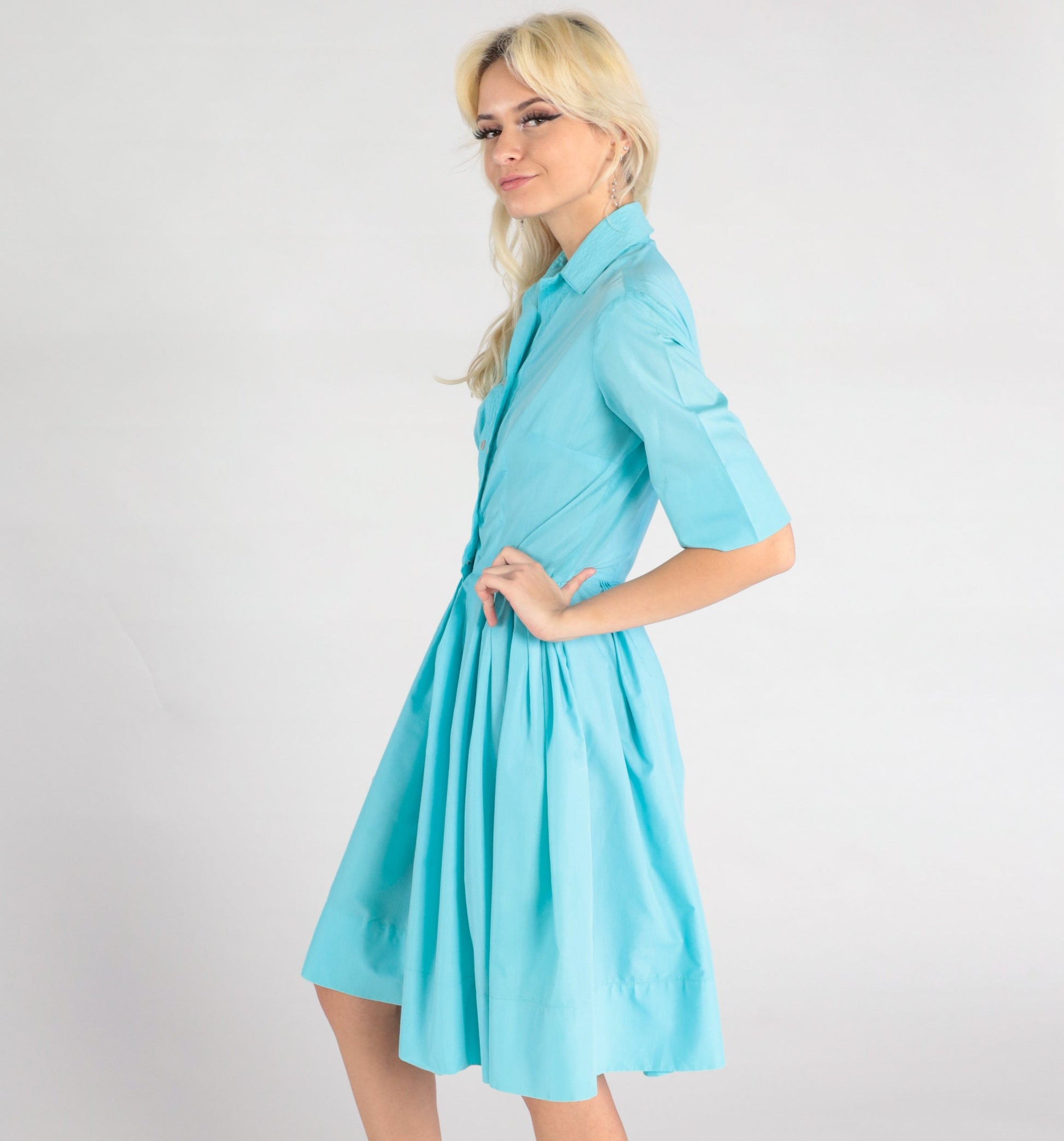 60s Robin's Egg Blue Cotton Midi Shirtdress Button-Up Pleated Small