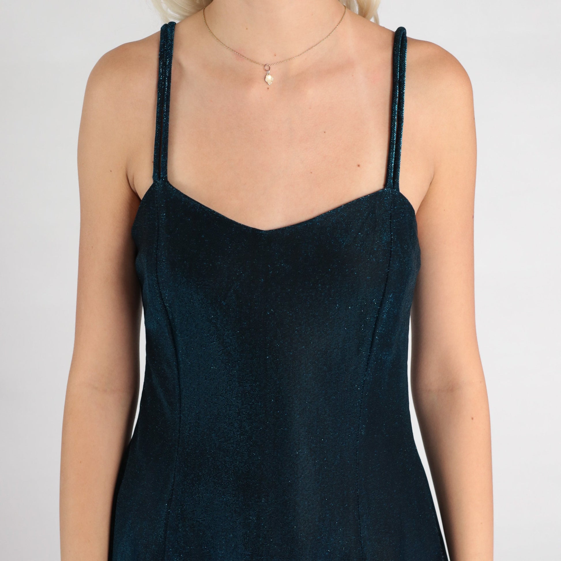 90s Metallic Blue Mini Dress Sweetheart Neckline Spaghetti Strap Small