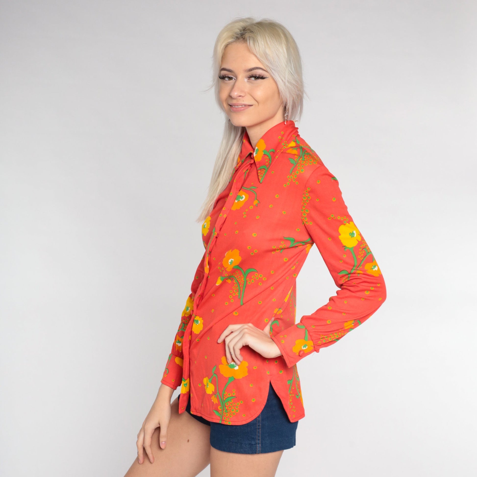70s Red Poppy Floral Disco Shirt Dagger Collar Button Up Small