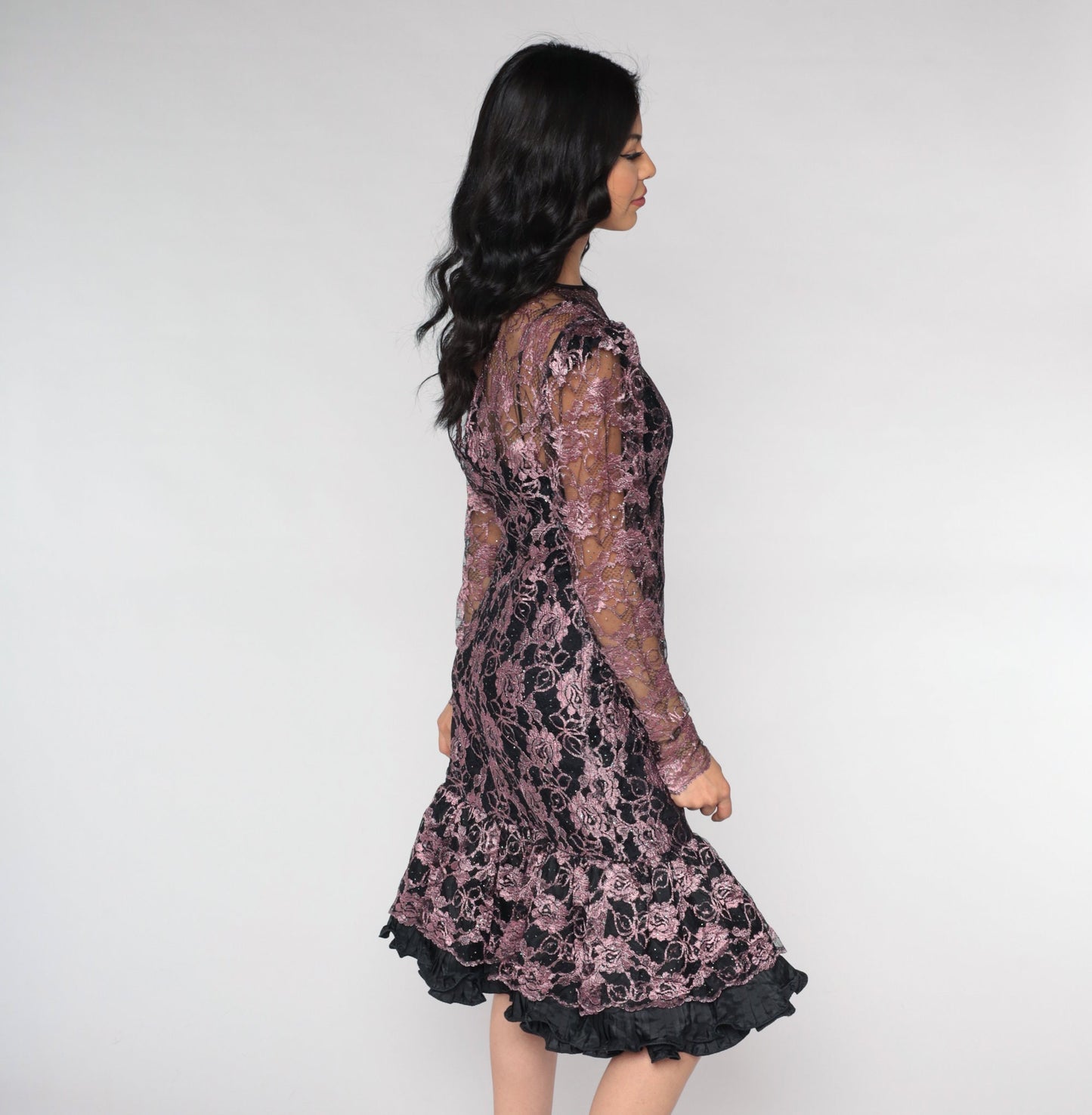 80s Cache Pink Lace Midi Dress Rhinestone Puff Sleeve Illusion Neckline Small