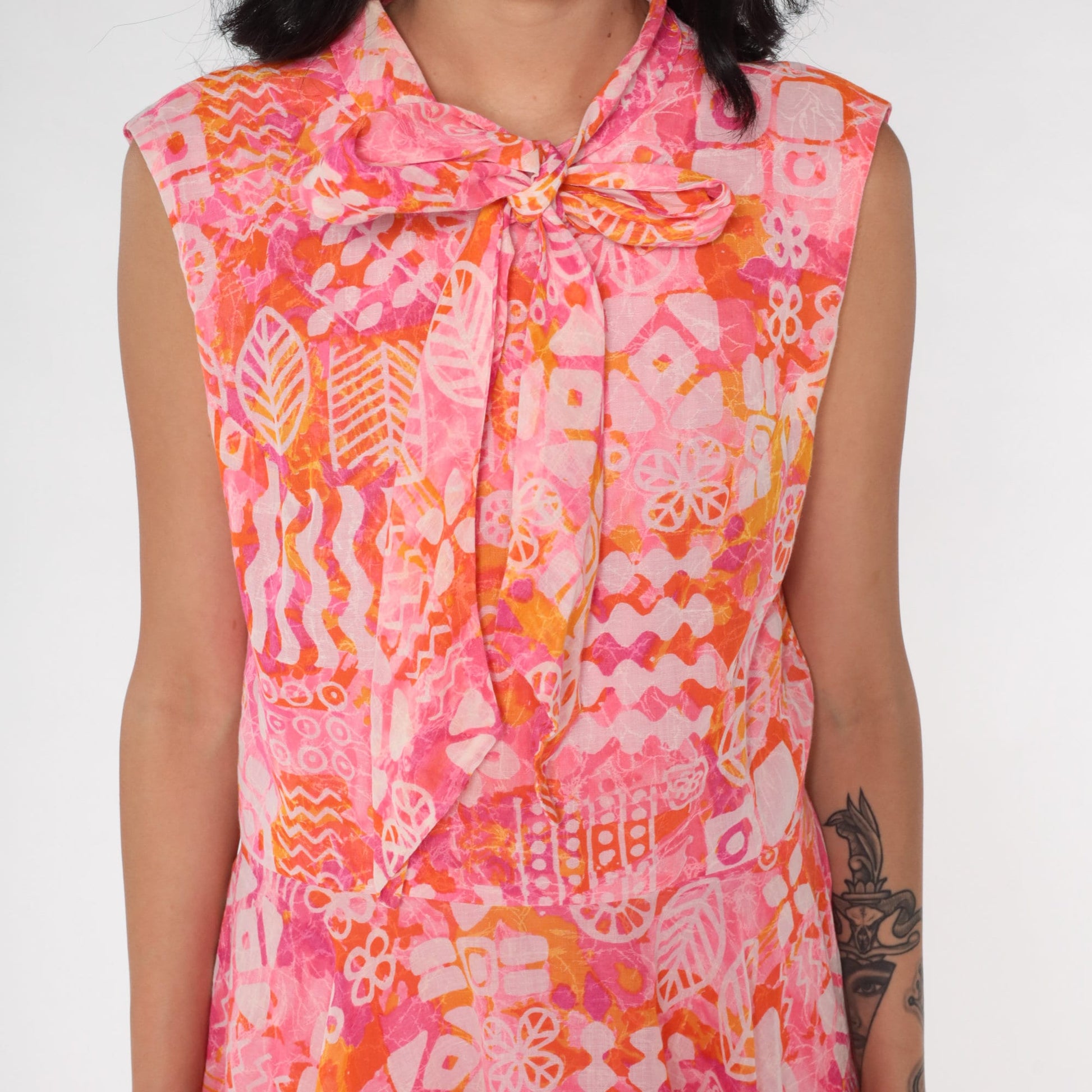 60s Tropical Floral Ascot Midi Dress Pink Orange Geometric Low Waist Medium