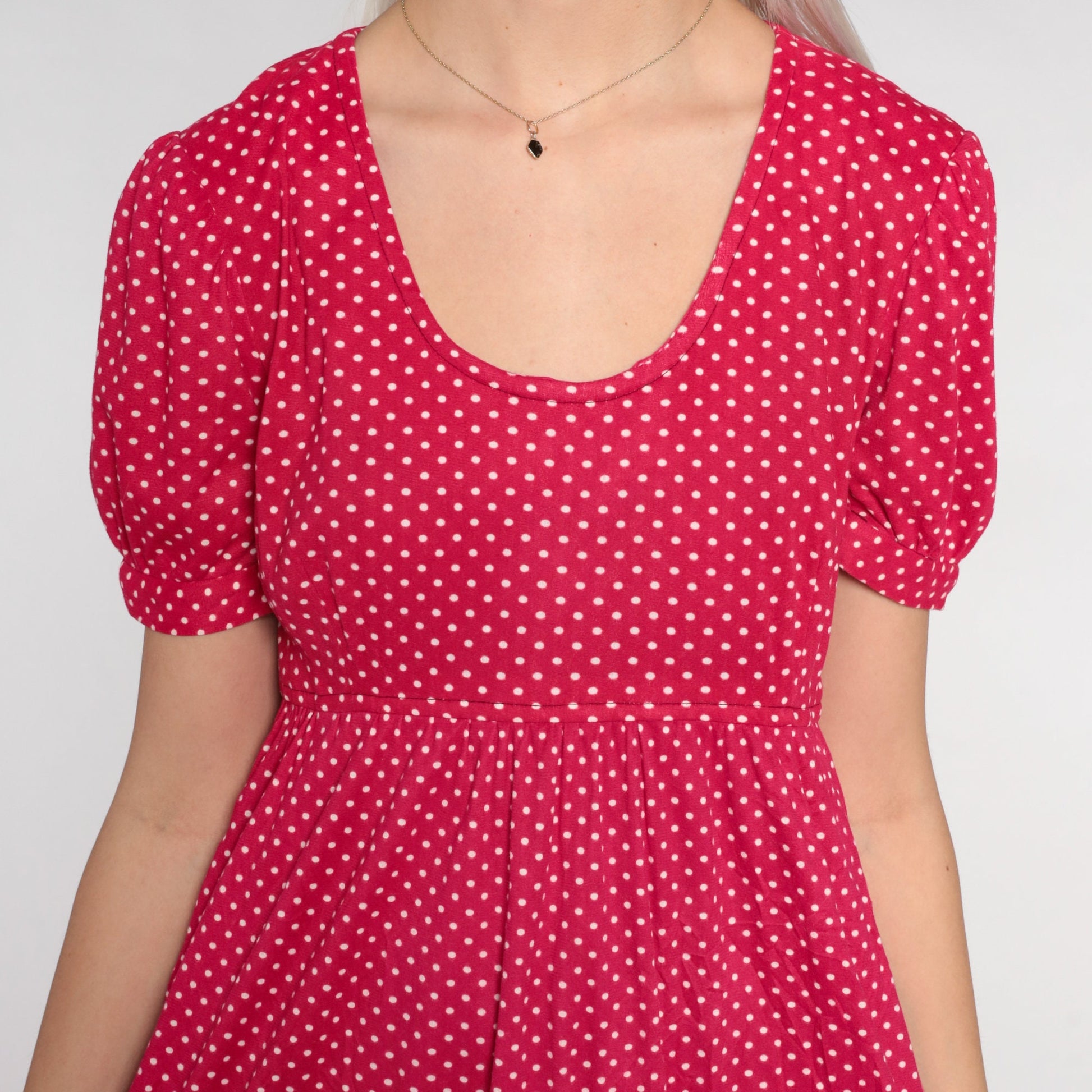 70s Red Polka Dot Maxi Dress Puff Sleeve Empire Waist Small