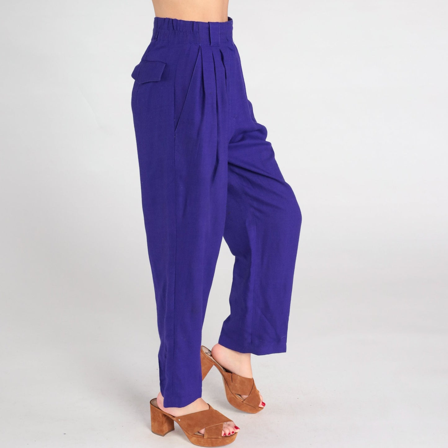 80s Purple Wool High-Waisted Pleated Trousers Straight Leg Small