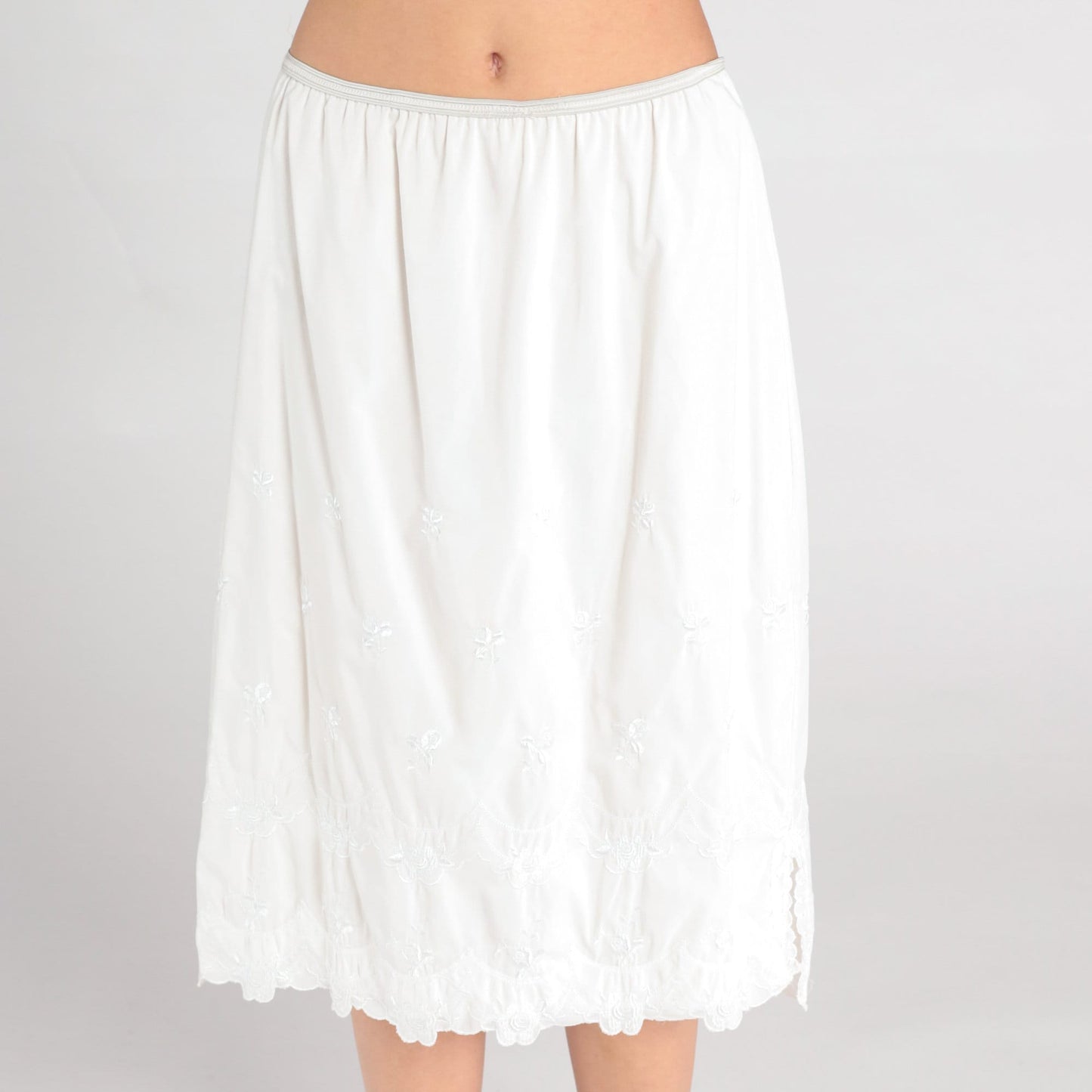 80s White Floral Embroidered Half Slip Midi Skirt Medium Large