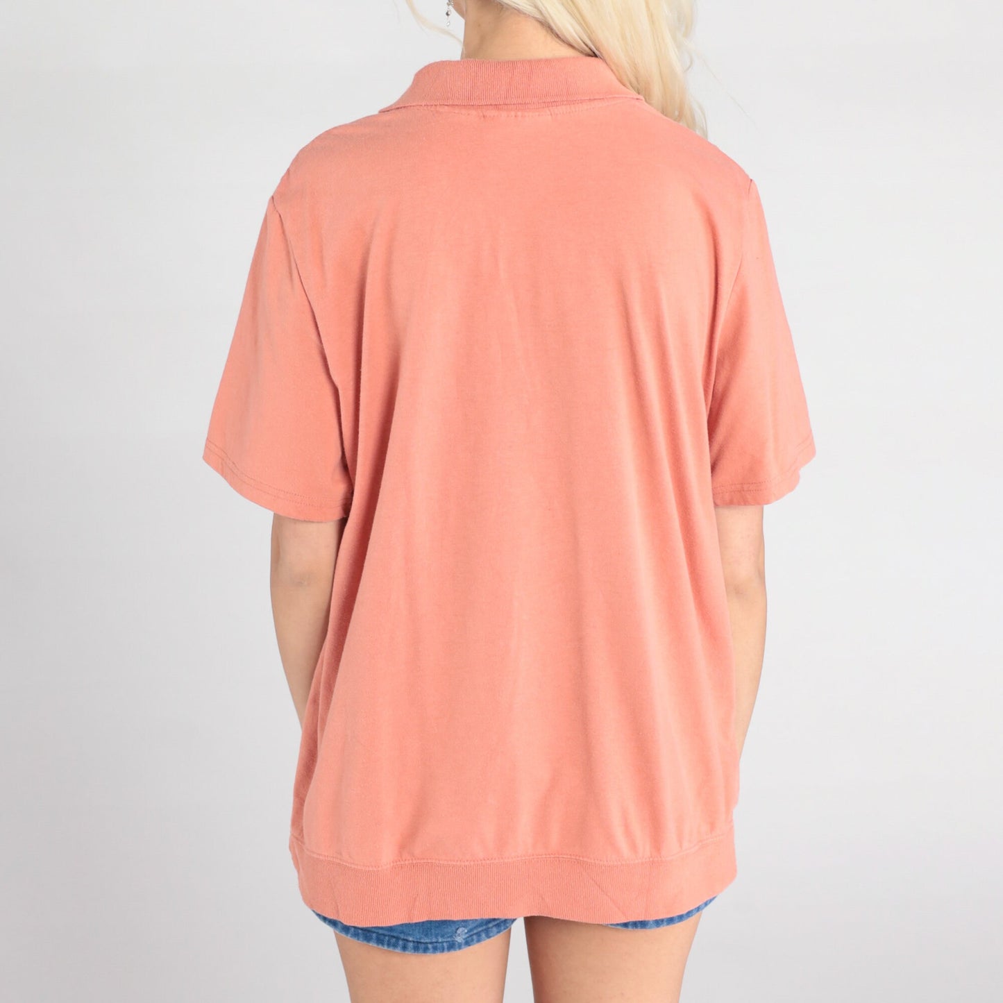 90s Salmon Pink Polo Shirt Lace Trim Quarter Button Collared Extra Large