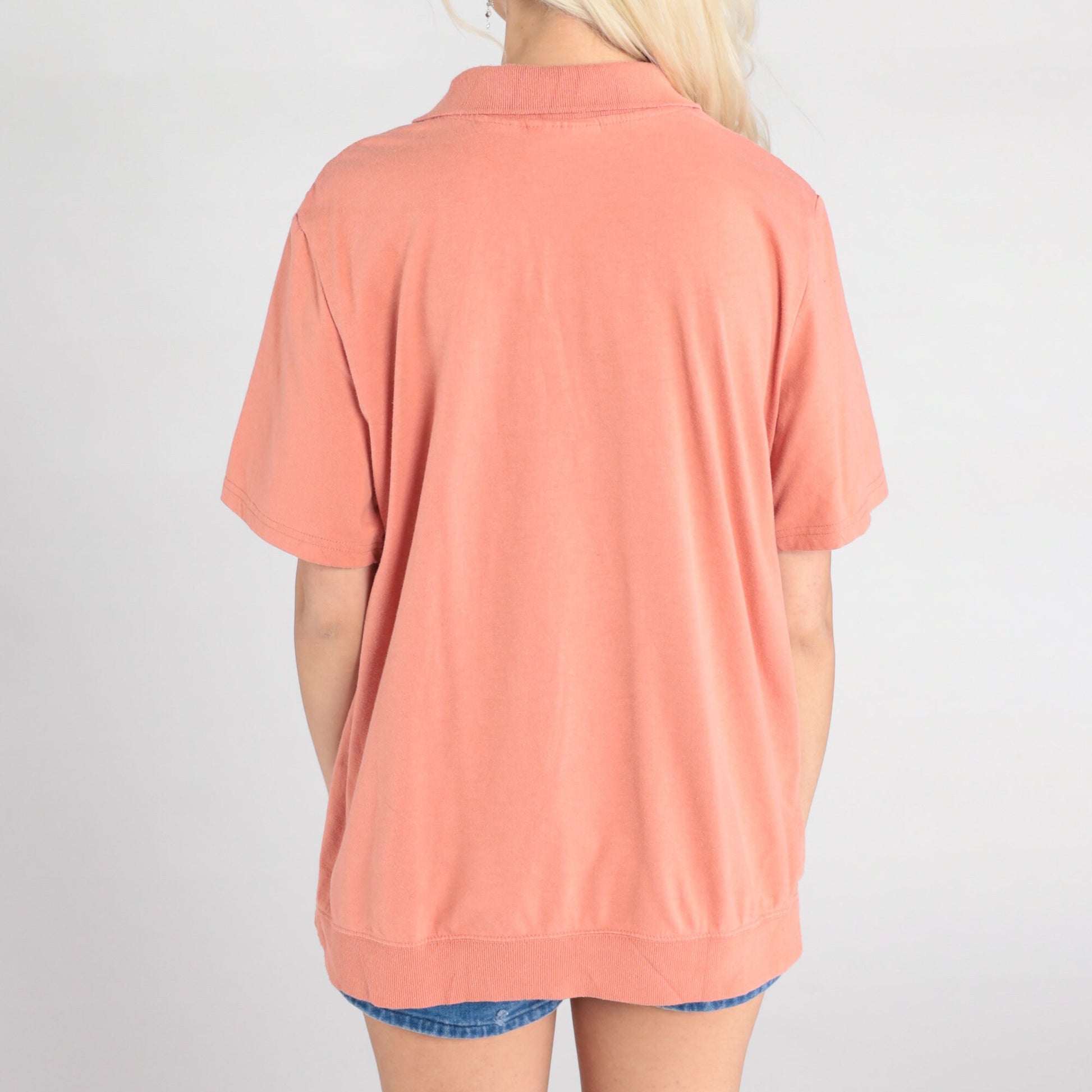90s Salmon Pink Polo Shirt Lace Trim Quarter Button Collared Extra Large