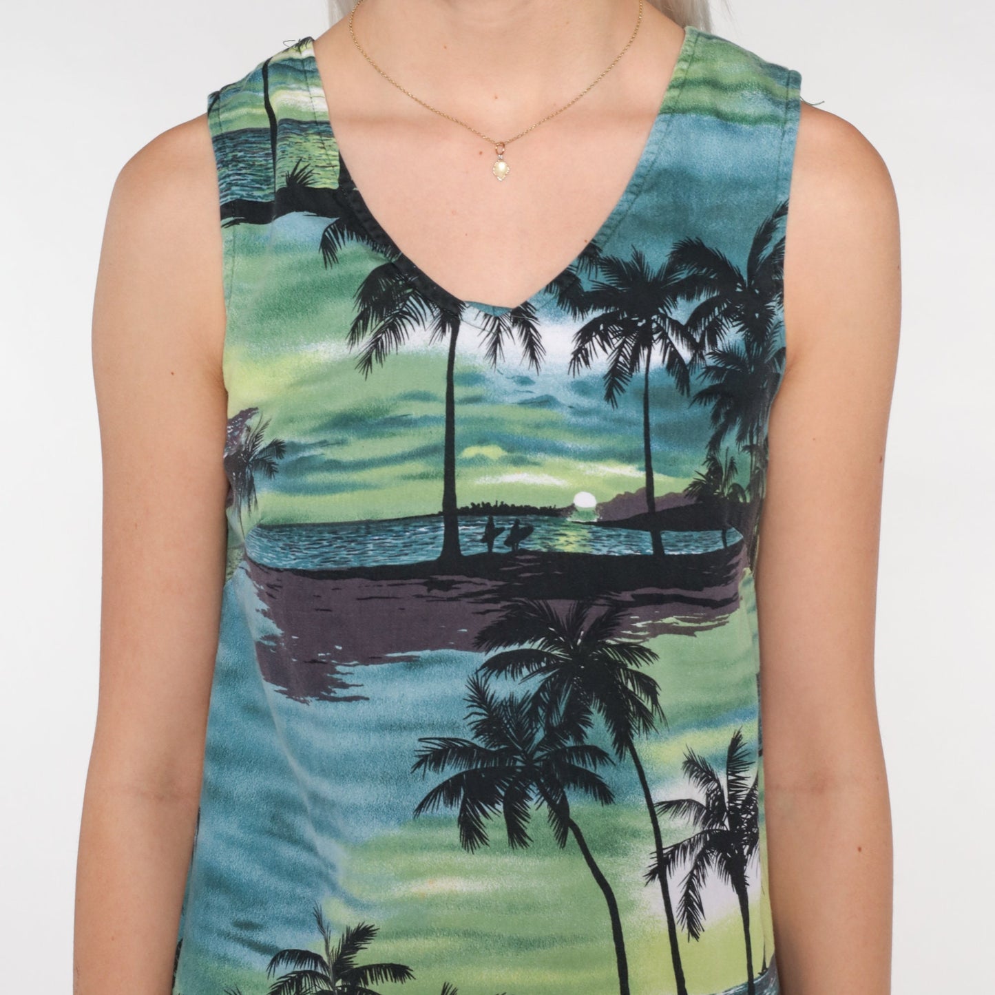90s Tropical Palm Tree Midi Dress Blue Green Sleeveless Cotton Extra Small