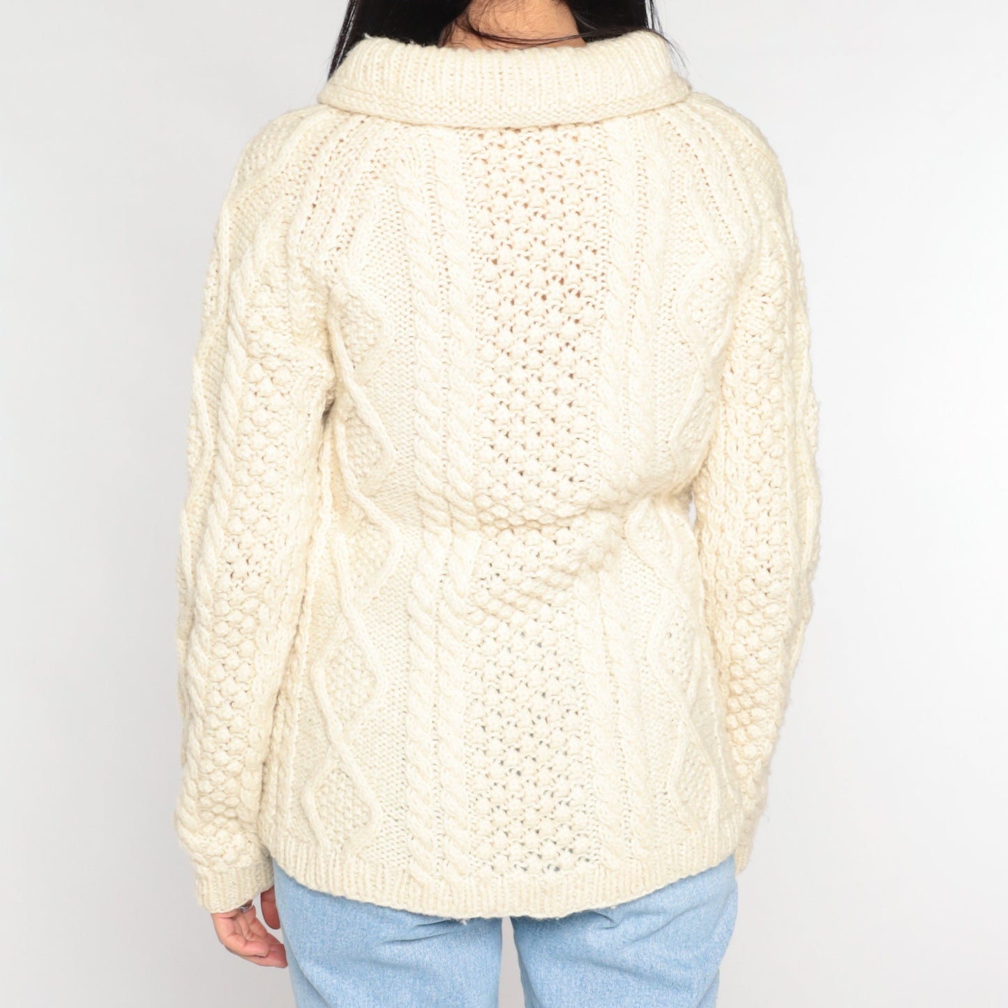 90s Cream Cable Knit Cardigan Button-Up Collared Sweater Small S
