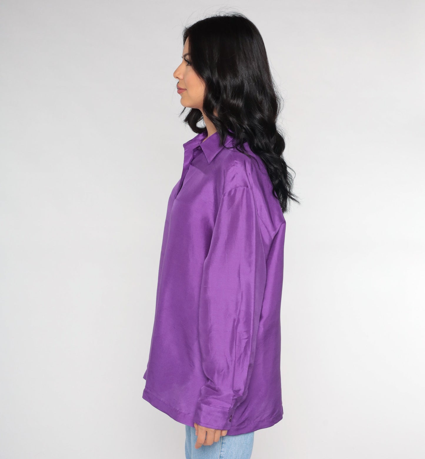 90s Purple Silk Button-Up Blouse Long Sleeve Collared Shirt Large L
