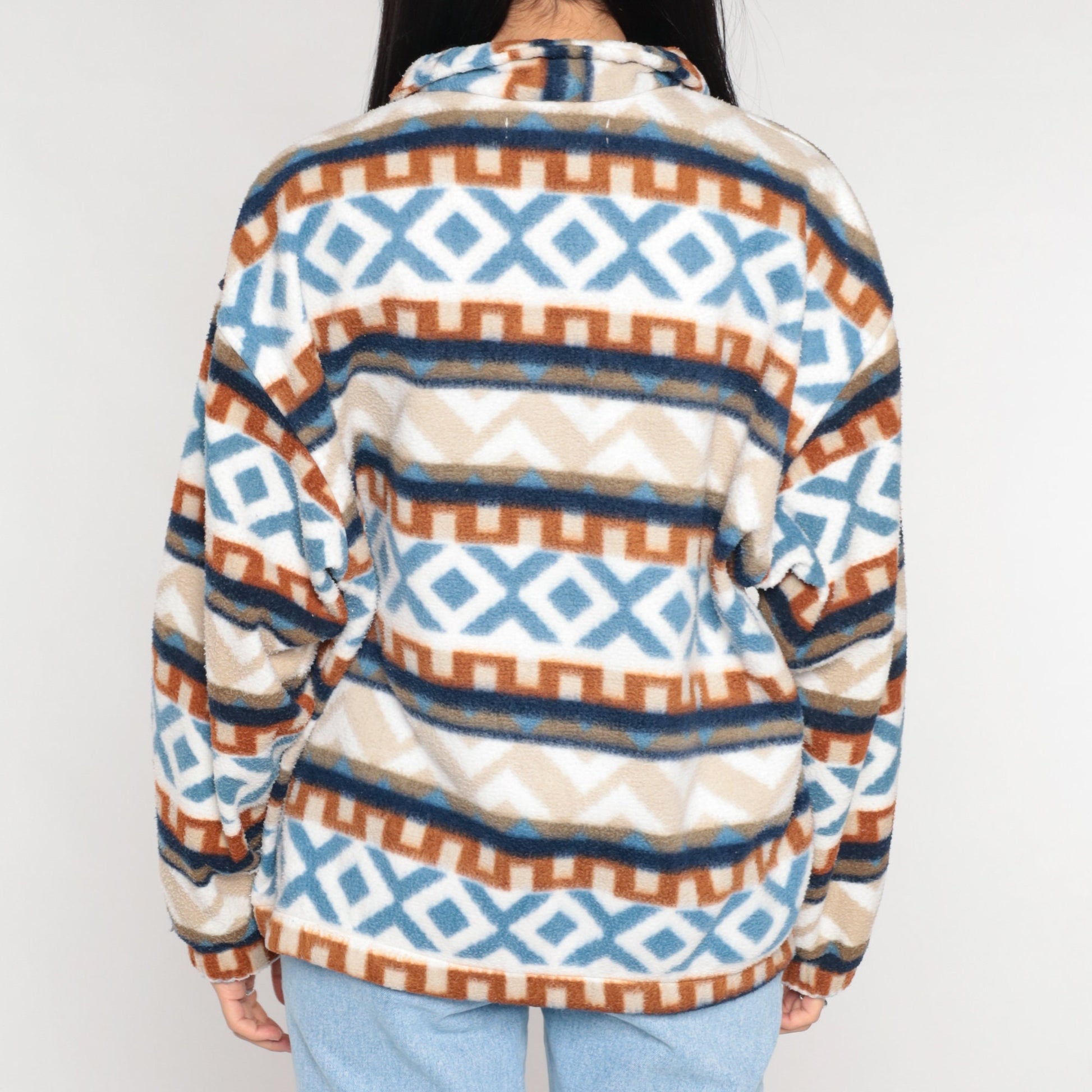90s Striped Geometric Fleece Half Zip Pullover Blue White Orange Medium