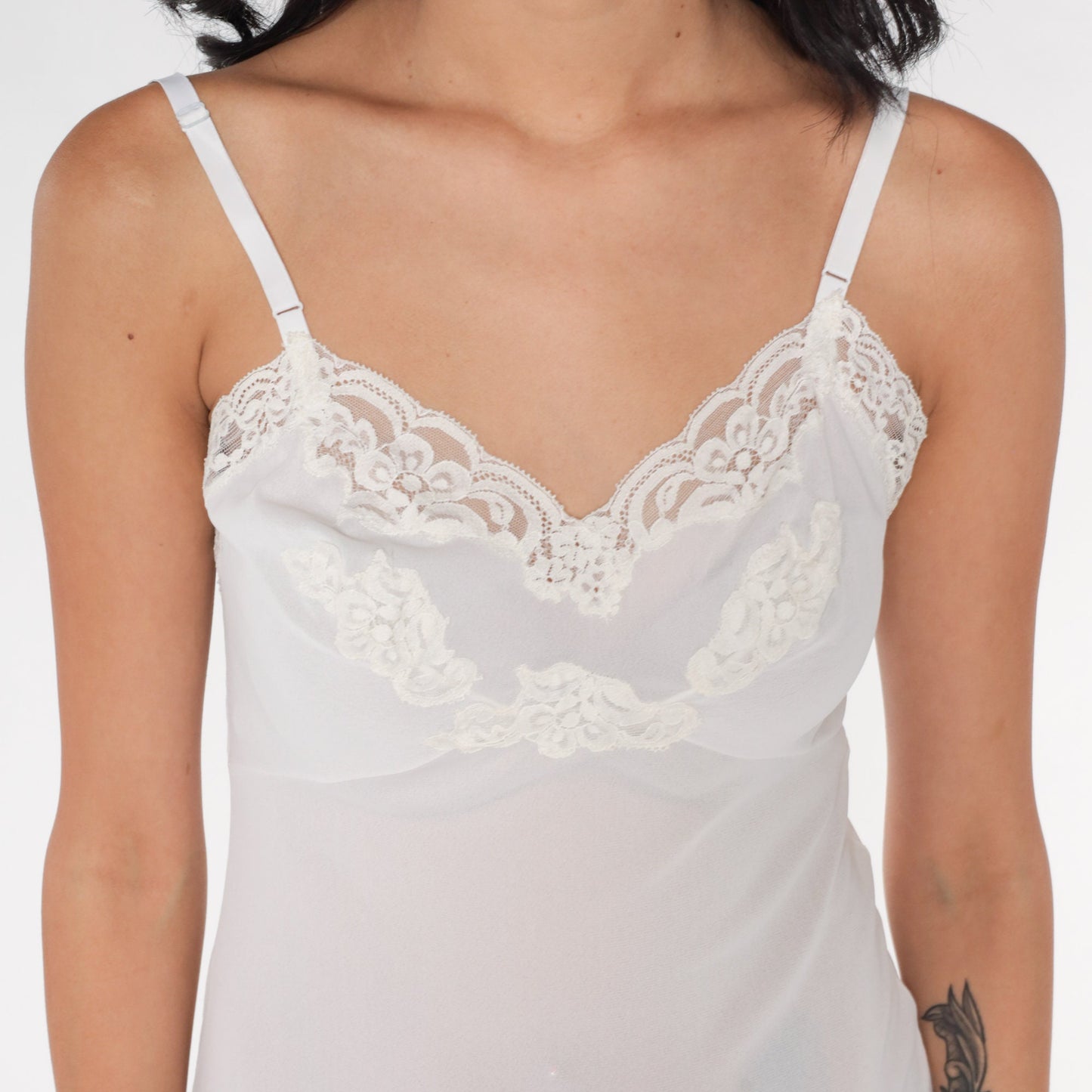 80s White Nylon Slip Dress Lace Trim Empire Waist Spaghetti Strap Mini Extra Small